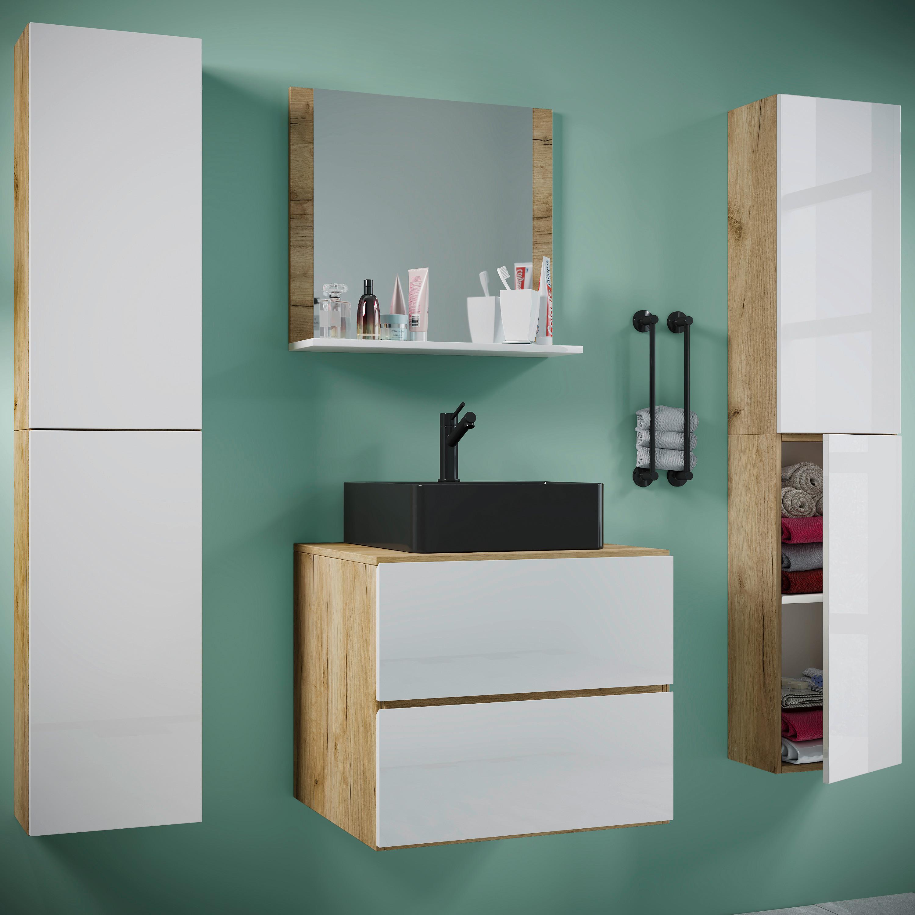 Kopalnica Lendas Xl, Medeni Hrast, Bela - črna/bela, Moderno, steklo/leseni material (127cm) - MID.YOU