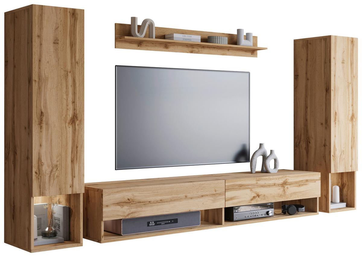 Wohnwand Amadeo Eiche Wotan ca. 245x130x32cm - Eiche Wotan, Basics, Holzwerkstoff (245/130/32cm) - P & B