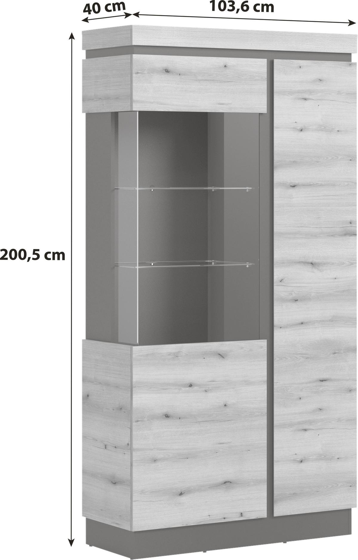 Vitrină CORTE - culoare lemn stejar/gri, Trend, sticlă/material pe bază de lemn (103,6/200,5/40cm) - Modern Living