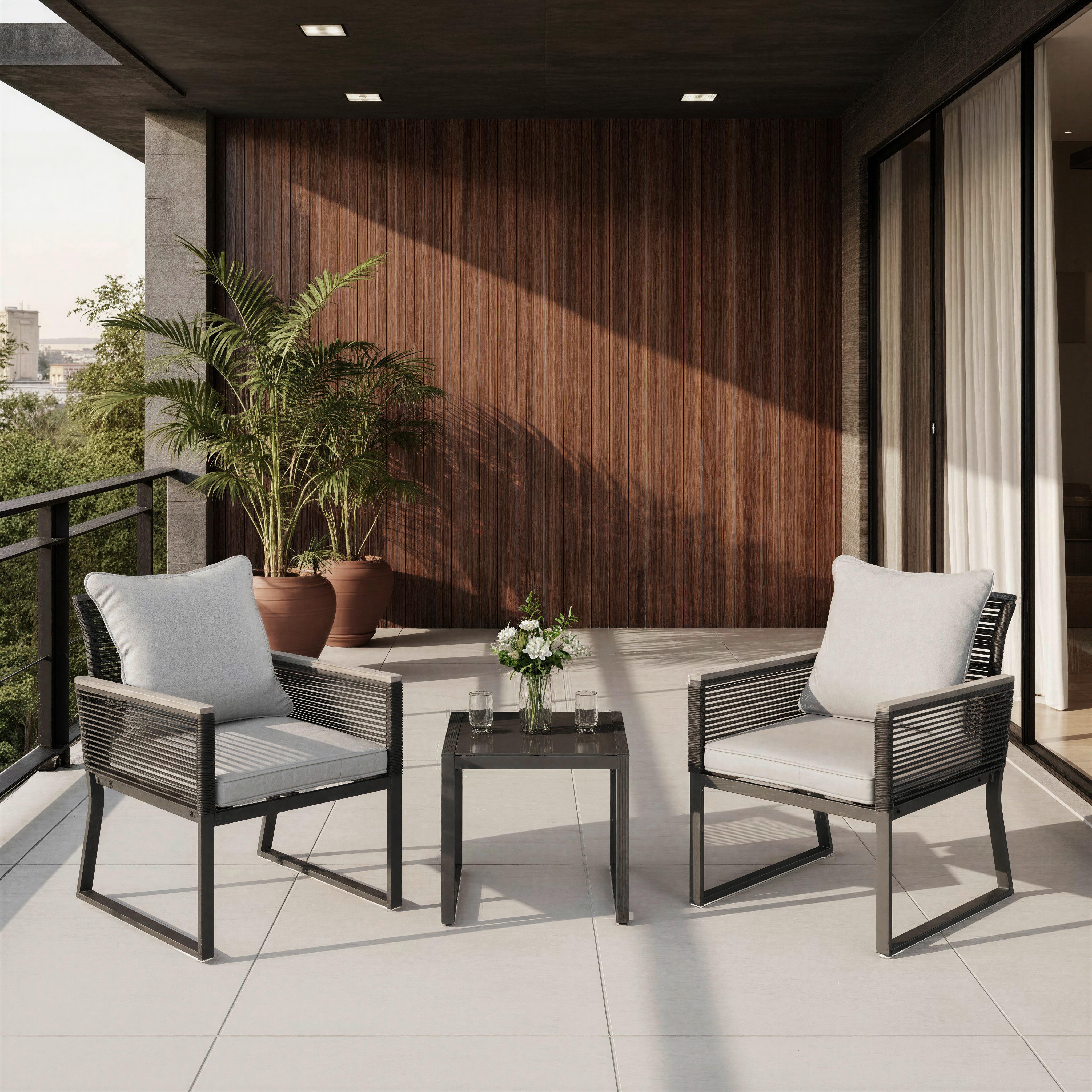 Balkonset Paulina Hellgrau Metall/Outdoorstoff +Abdeckung - Hellgrau/Schwarz, MODERN, Glas/Kunststoff - Bessagi Garden