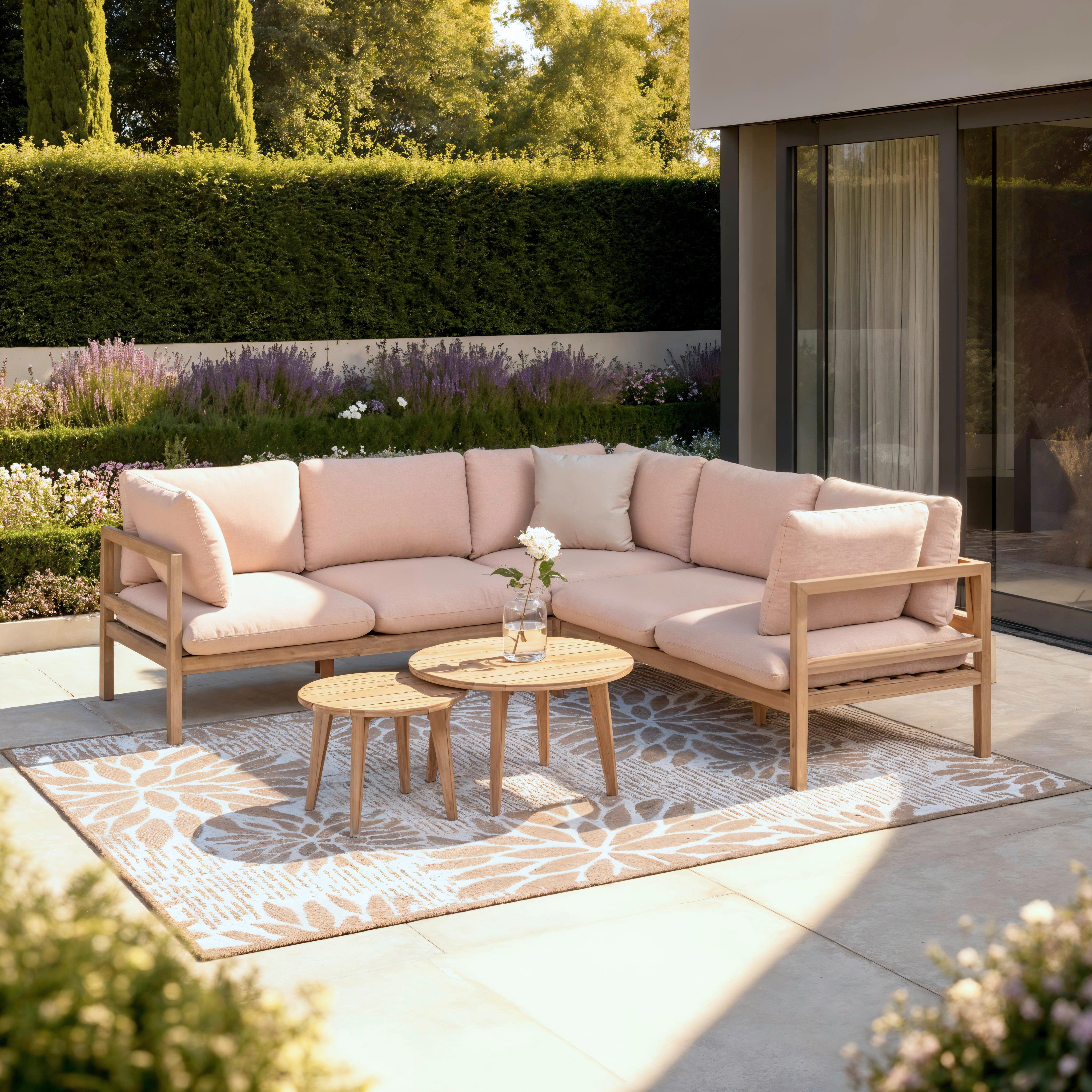 Loungegarnitur Livia beige- rose Outdoorstoff/Holz - Naturfarben/Rosa, MODERN, Holz/Textil - Bessagi Garden