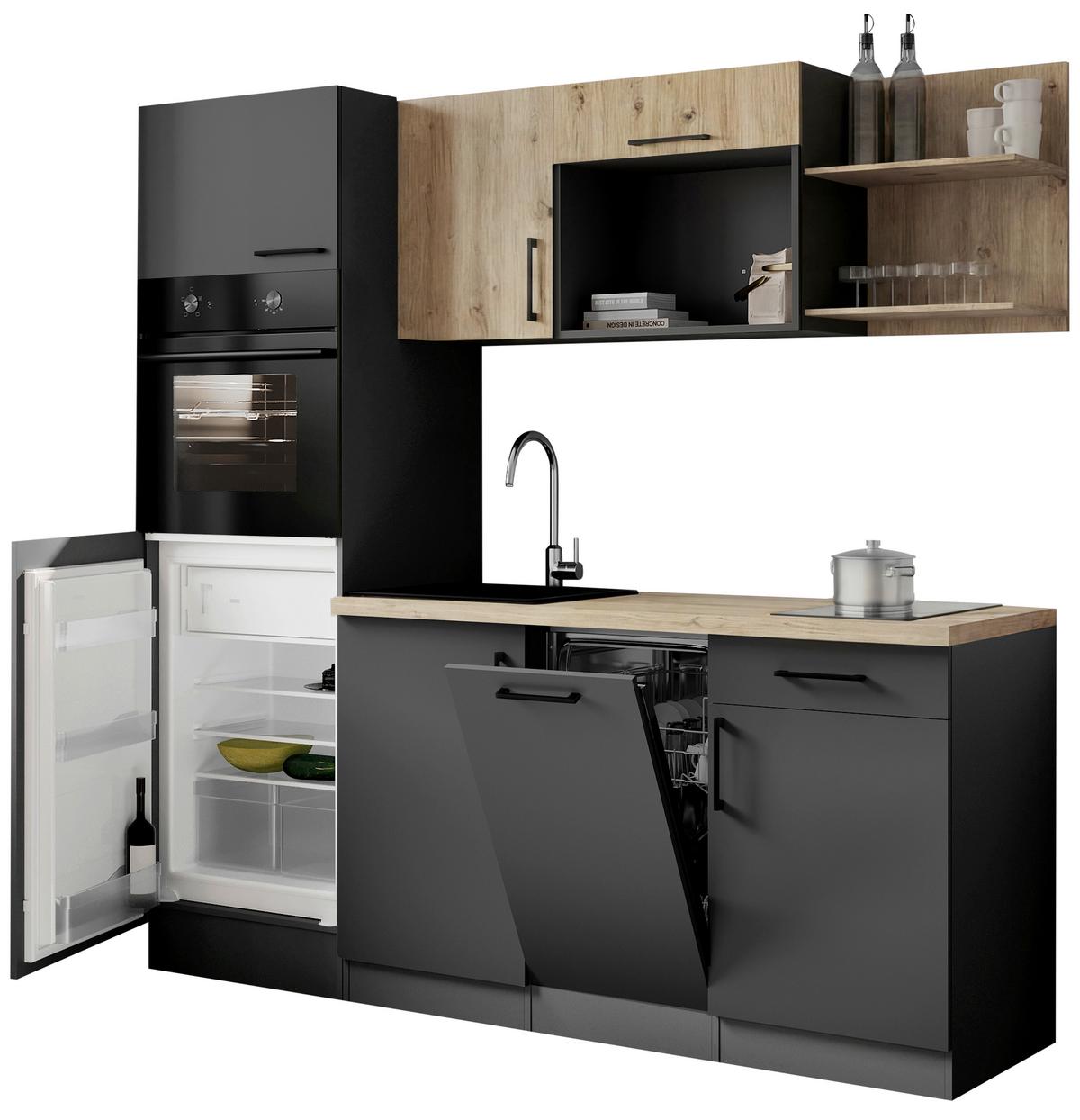 Küchenblock Oliver m. Geräten Grau - Eiche Artisan/Grau, Trend, Holzwerkstoff/Metall (205cm) - Respekta