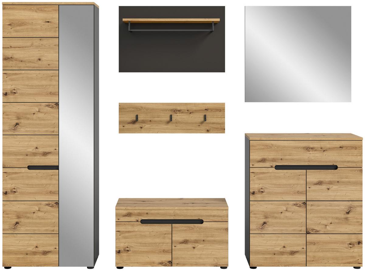 Garderobe Canu 5-teilig ca. 255x190x37cm Eiche Dekor,Grau - KONVENTIONELL, Glas/Holzwerkstoff (255/190/37cm) - MID.YOU