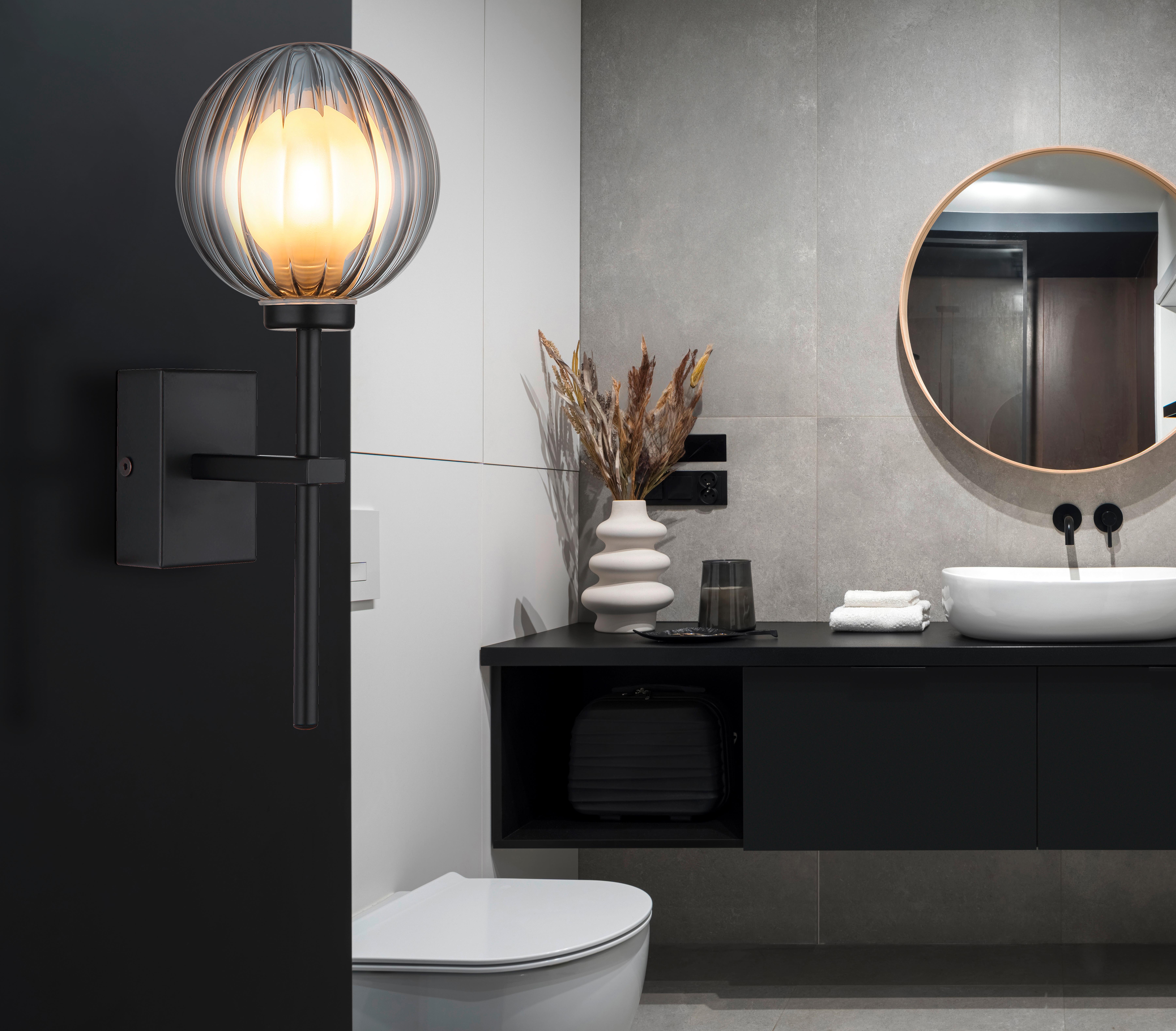 BADEZIMMER-WANDLEUCHTE 41928W - Schwarz, Design, Glas/Metall (26/10/14,1cm) - Globo