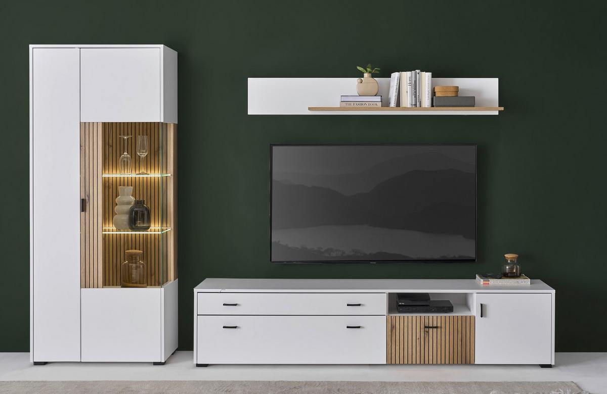 Wohnwand Hudson Weiß/Eichefarben - Eichefarben/Schwarz, Design, Glas/Holzwerkstoff (328/180/42cm) - MID.YOU