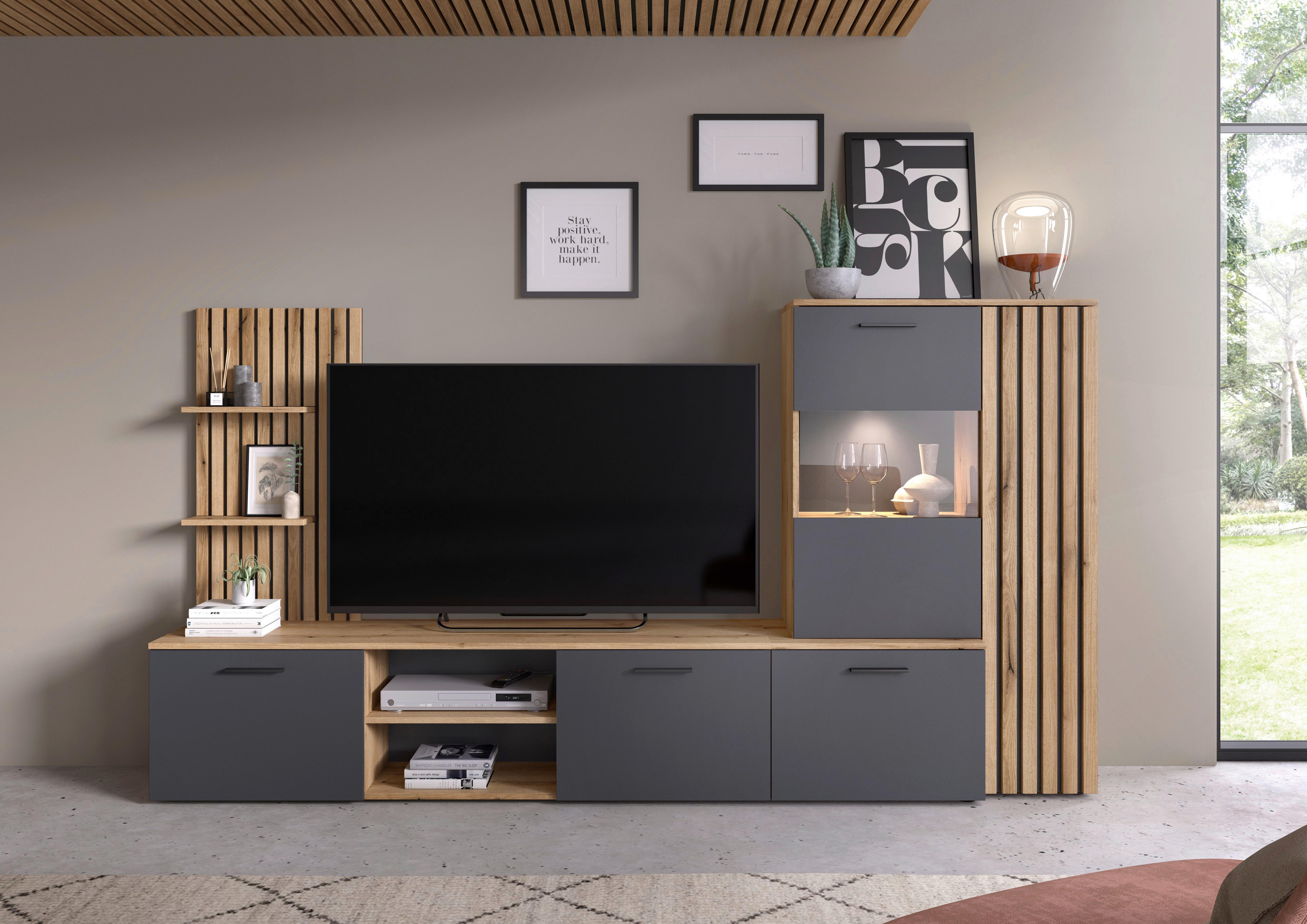 Wohnwand Mailand Anthrazit/Eichefarben - Eichefarben/Anthrazit, MODERN, Glas/Holzwerkstoff (250/135/38cm) - Based