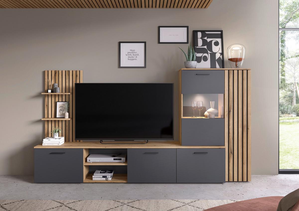 Regal Za Dnevni Boravak Mailand - boje hrasta/crna, Moderno, staklo/drvni materijal (250/135/38cm) - Modern Living