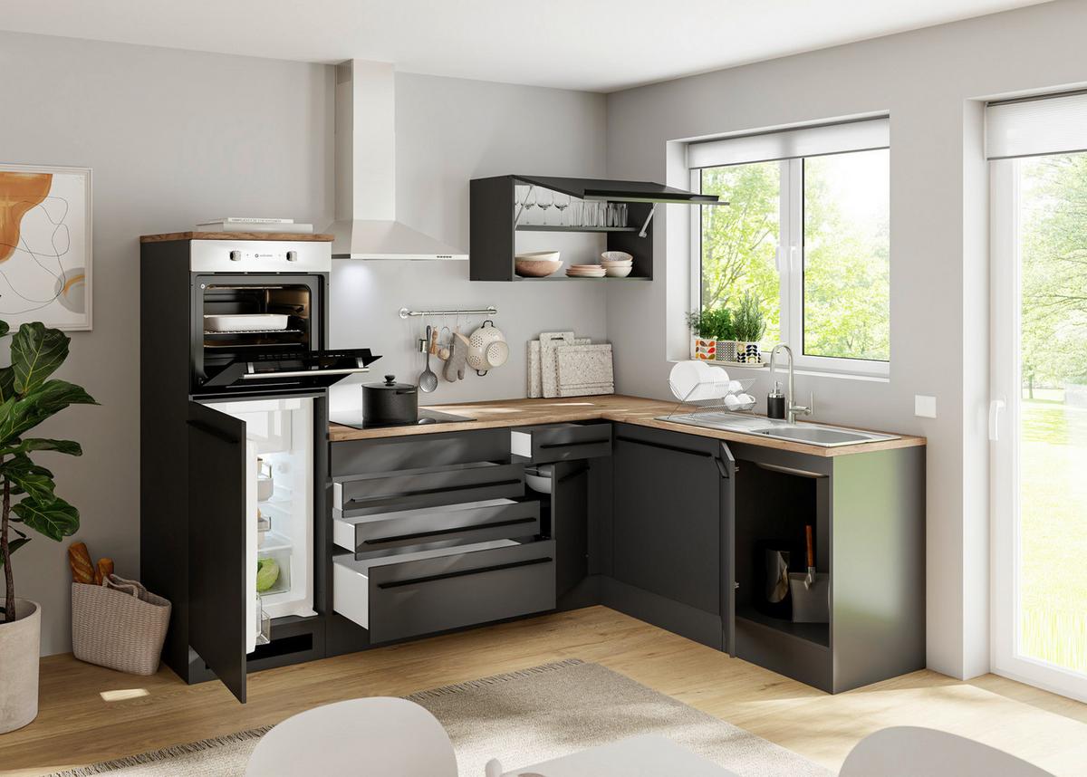 Konyhablokk Gépek Nélkül Jazz 6 - tölgyfa színű/fekete, Modern, faalapú anyag (260/200/60cm) - Modern Living