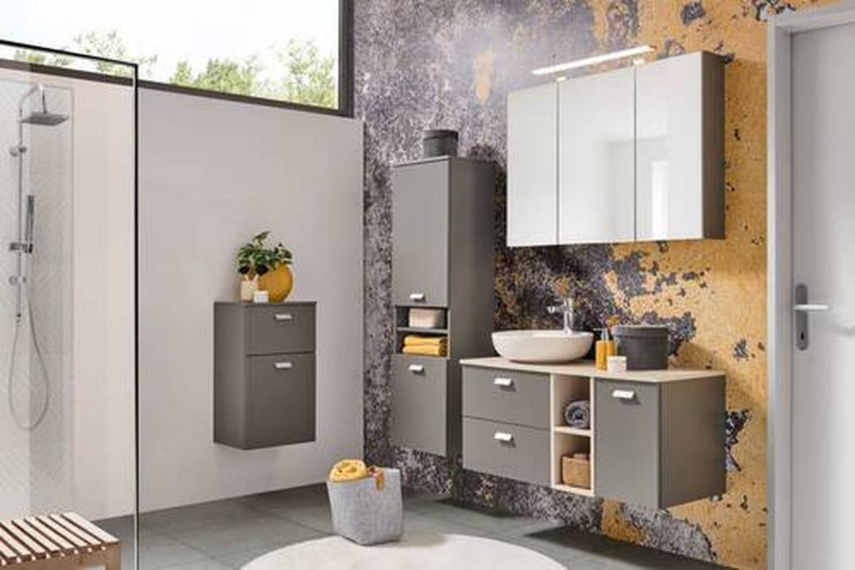 SZAFKA ŚREDNIA MONA - kolor srebrny/szary, Modern, materiał drewnopochodny/metal (40,3/138,3/32cm) - Stylife