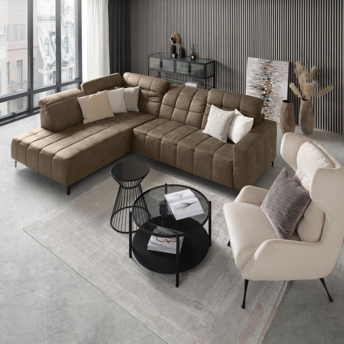 Ecksofa Panama links Taupe - Taupe/Schwarz, KONVENTIONELL, Textil/Metall (216/89-102/304cm) - Premium Living