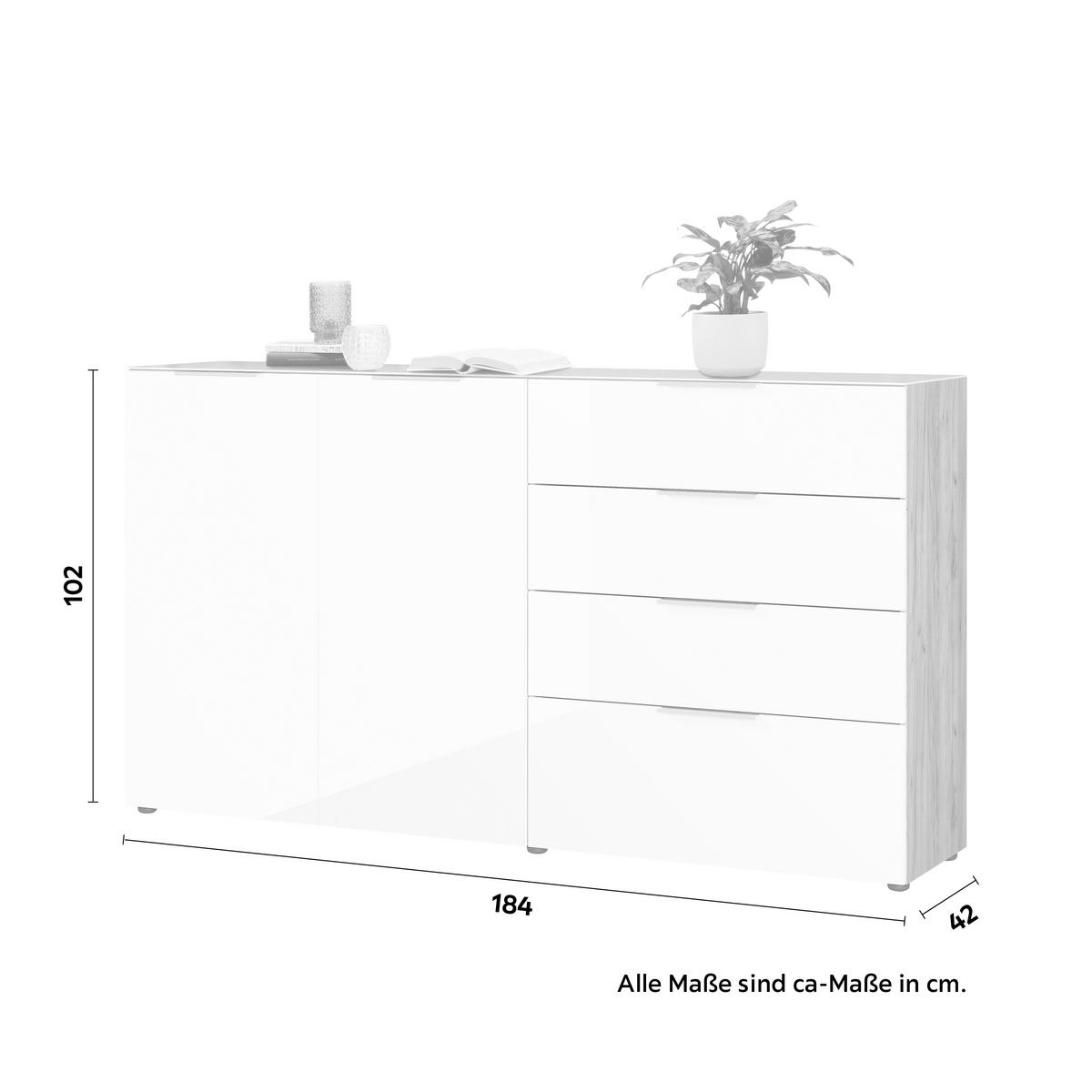 Sideboard Oakland in Weiß/Eichefarben - Chromfarben/Eichefarben, MODERN, Glas/Holzwerkstoff (184/102/42cm) - Premium Living