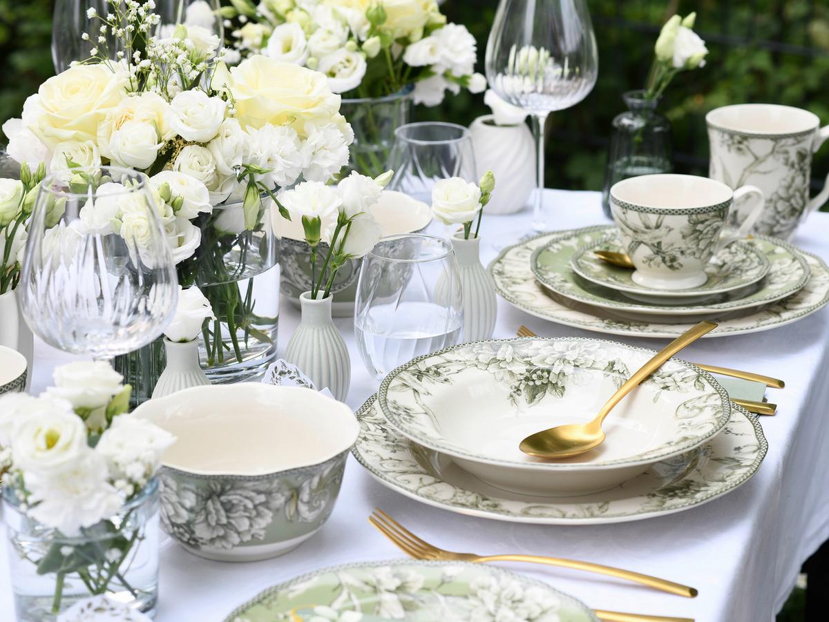 Serviciu de masă Adelaide 16/1 - alb/verde, Basics, ceramică - Creatable