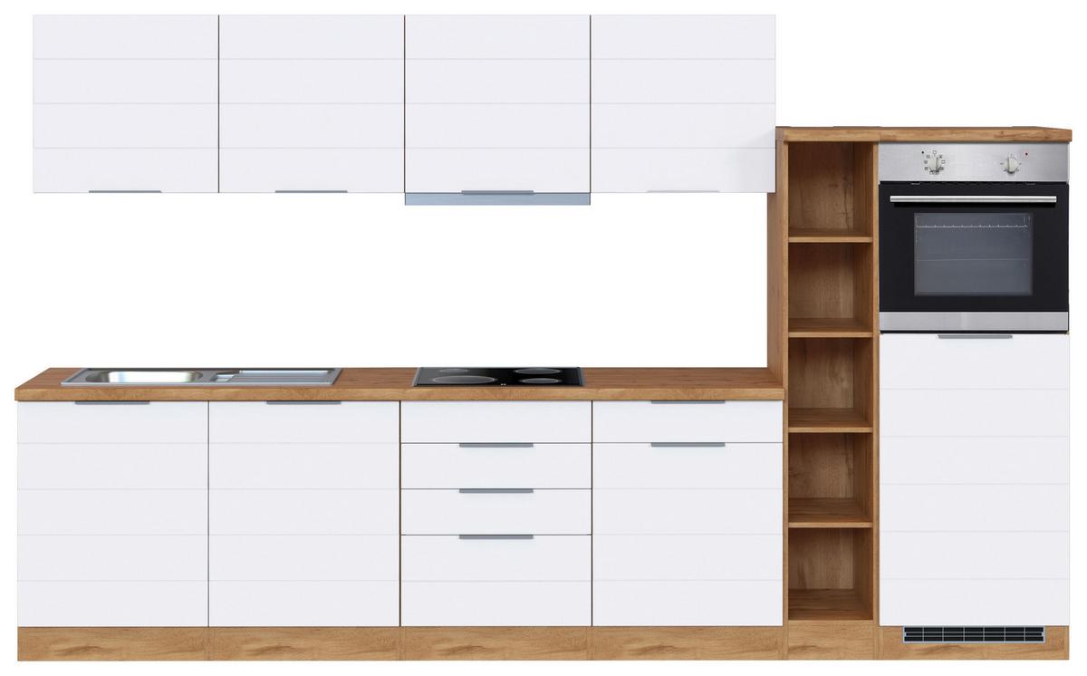 Küchenblock Florenz mit Geräten ca. 330 cm Weiß/Eiche - Eiche Wotan/Weiß, Design, Holzwerkstoff/Metall (330cm) - Held