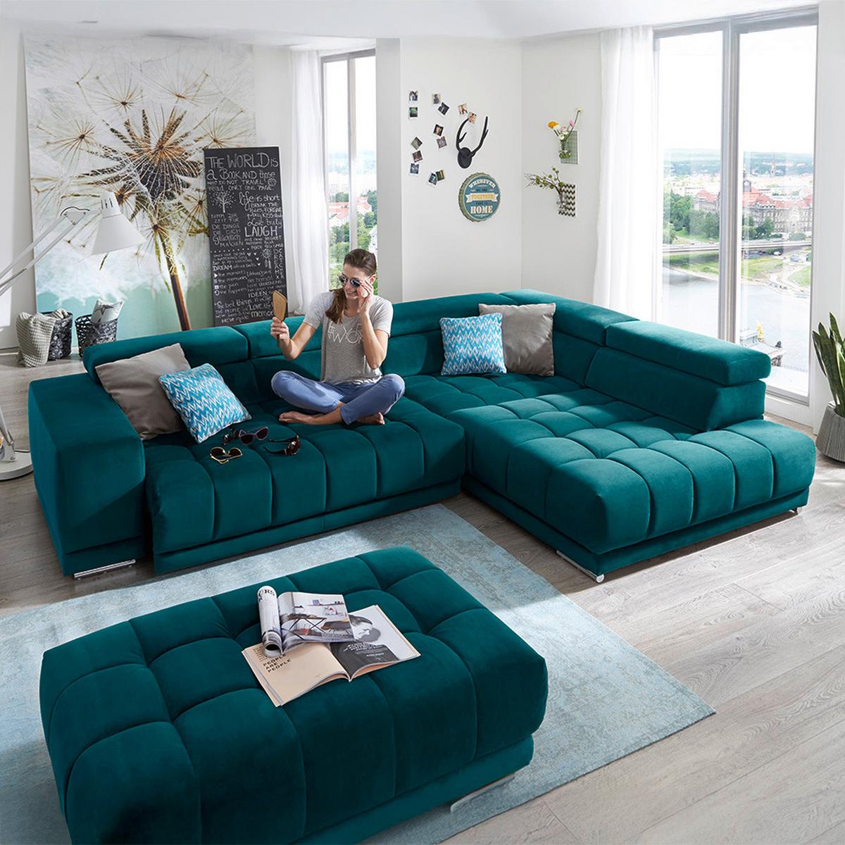 Wohnlandschaft Solero Türkis - Türkis/Chromfarben, LIFESTYLE, Textil (323/73/222cm) - Premium Living