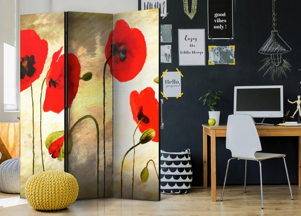 Paravan Golden Field Of Poppies, 3-Delni, Dvostranski - svetlo rjava/rdeča, Basics, tekstil/les (135/172/3cm) - artgeist