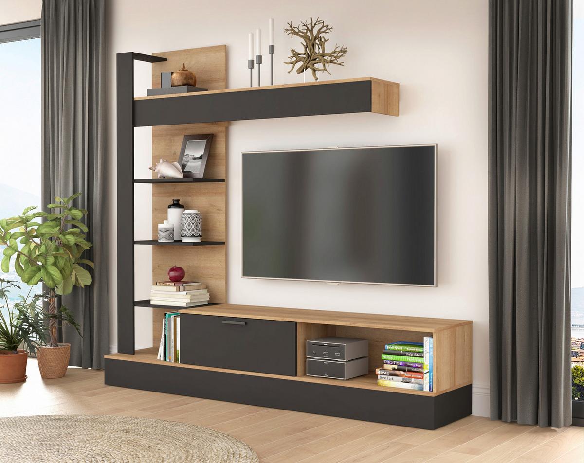 Ansamblu mobilier camera de zi GELUZA NEW - culoare lemn stejar/negru, Modern, plastic/material pe bază de lemn (204,6/192/41,6cm) - Modern Living