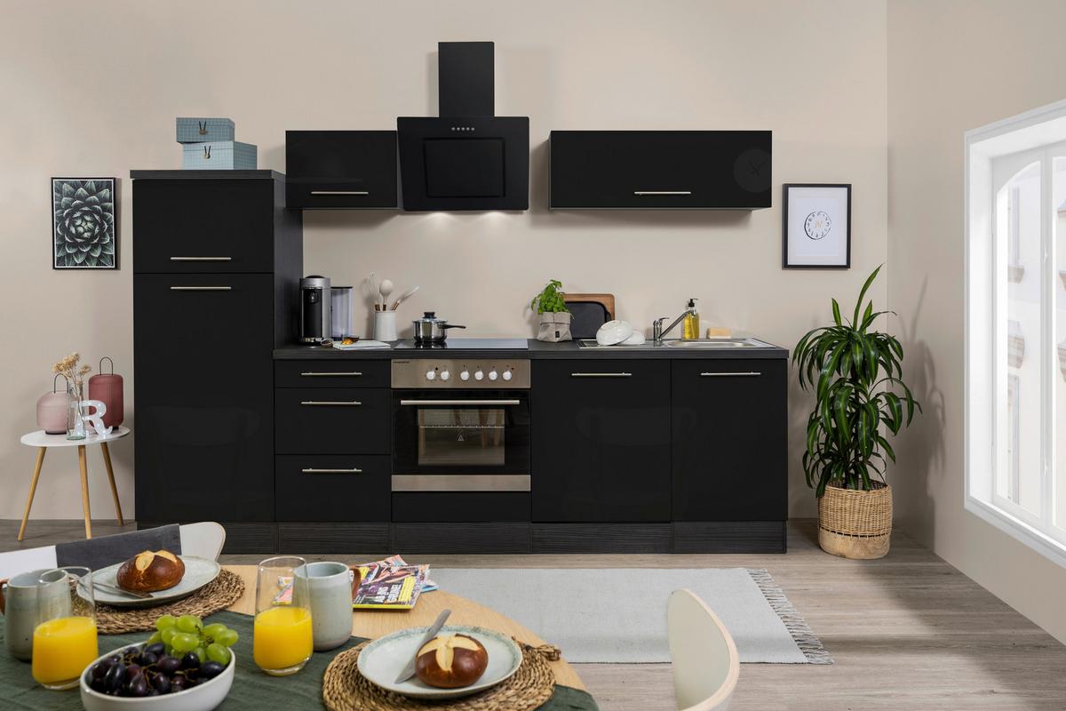 Küchenzeile mit Geräte Schwarz Hochglanz B : ca. 280 cm - Schwarz/Alufarben, KONVENTIONELL, Holzwerkstoff/Metall (280cm) - Respekta