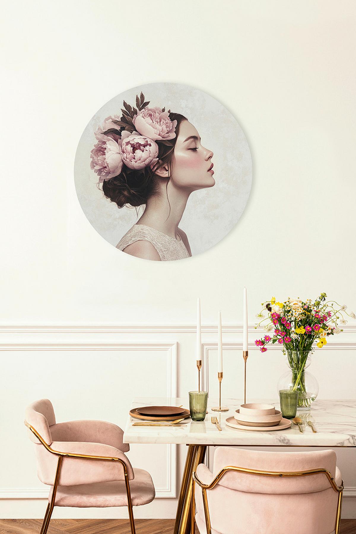 BILD WOMAN WITH PEONY FLOWERS - Weiss/Hellrosa, Basics, Metall (80/80/0.3cm)