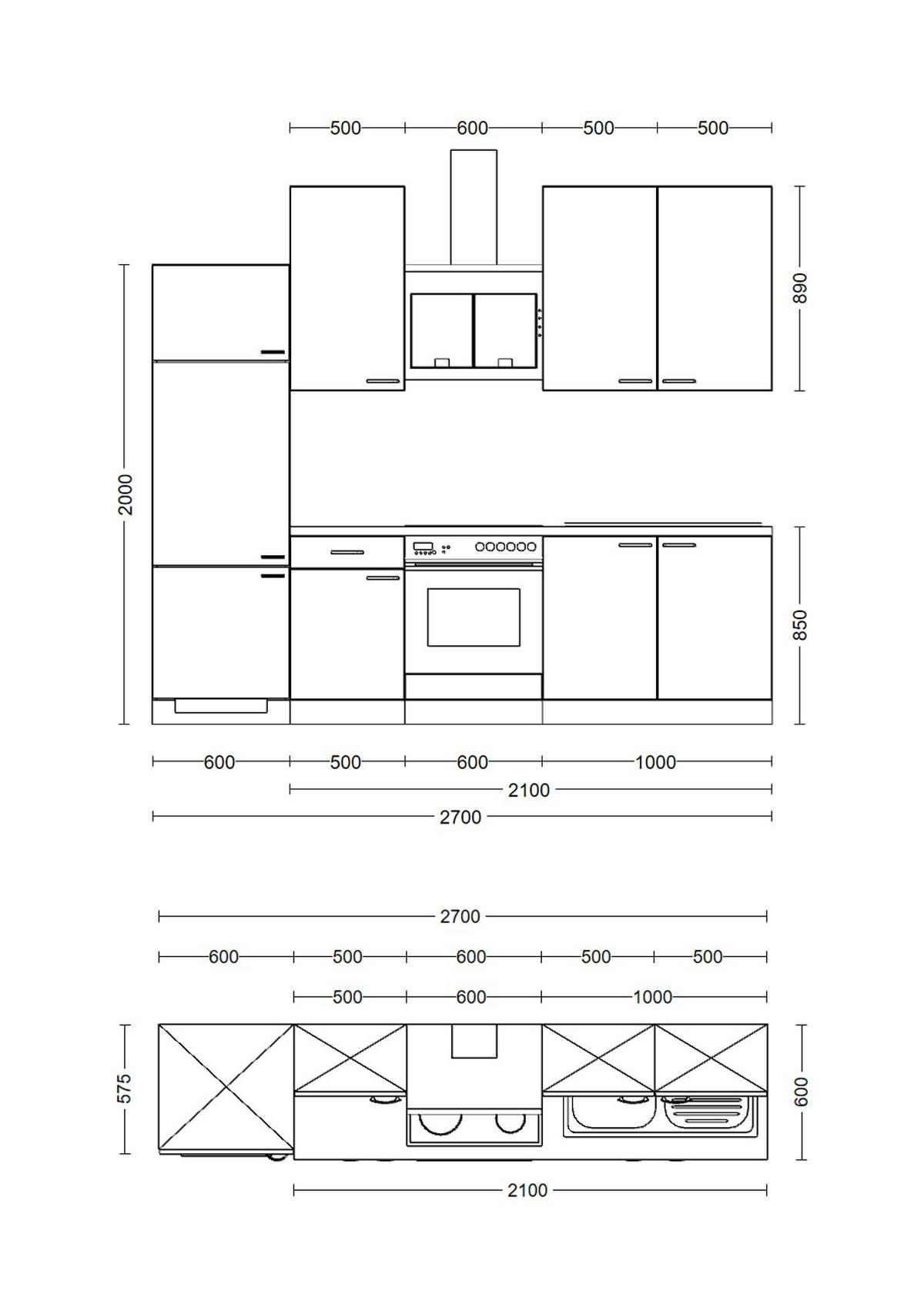 Küchenblock in Weiss inkl. Geräte und Spüle - Edelstahlfarben/Hellgrau, MODERN, Holzwerkstoff/Kunststoff (270cm) - FlexWell