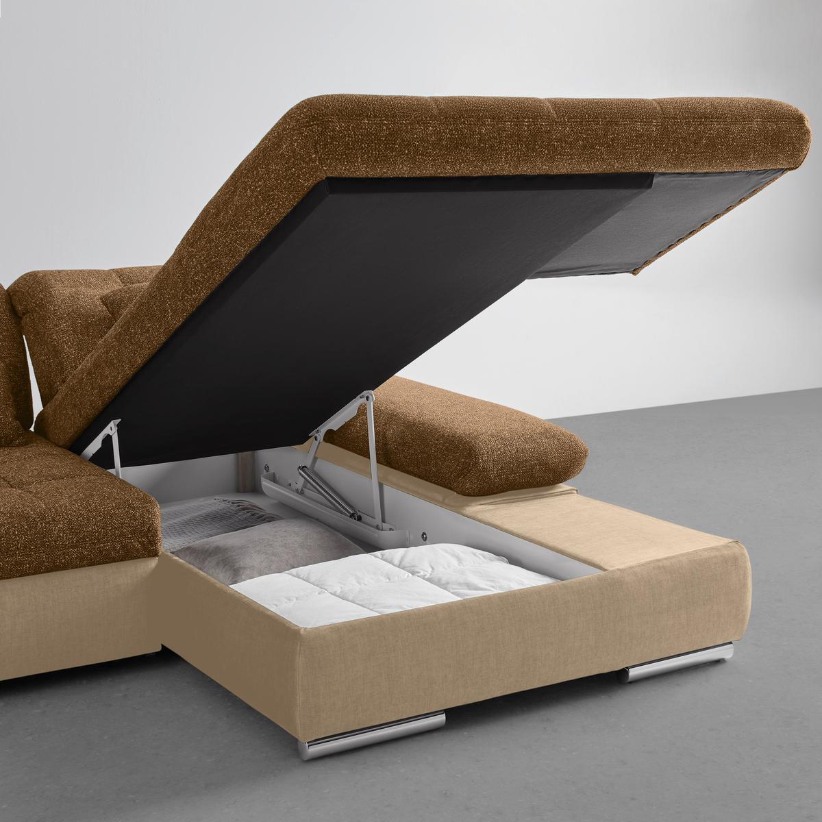 Wohnlandschaft Sanfino Taupe/Cognac - Taupe/Chromfarben, KONVENTIONELL, Holz/Textil (305/79-96/199cm) - Premium Living