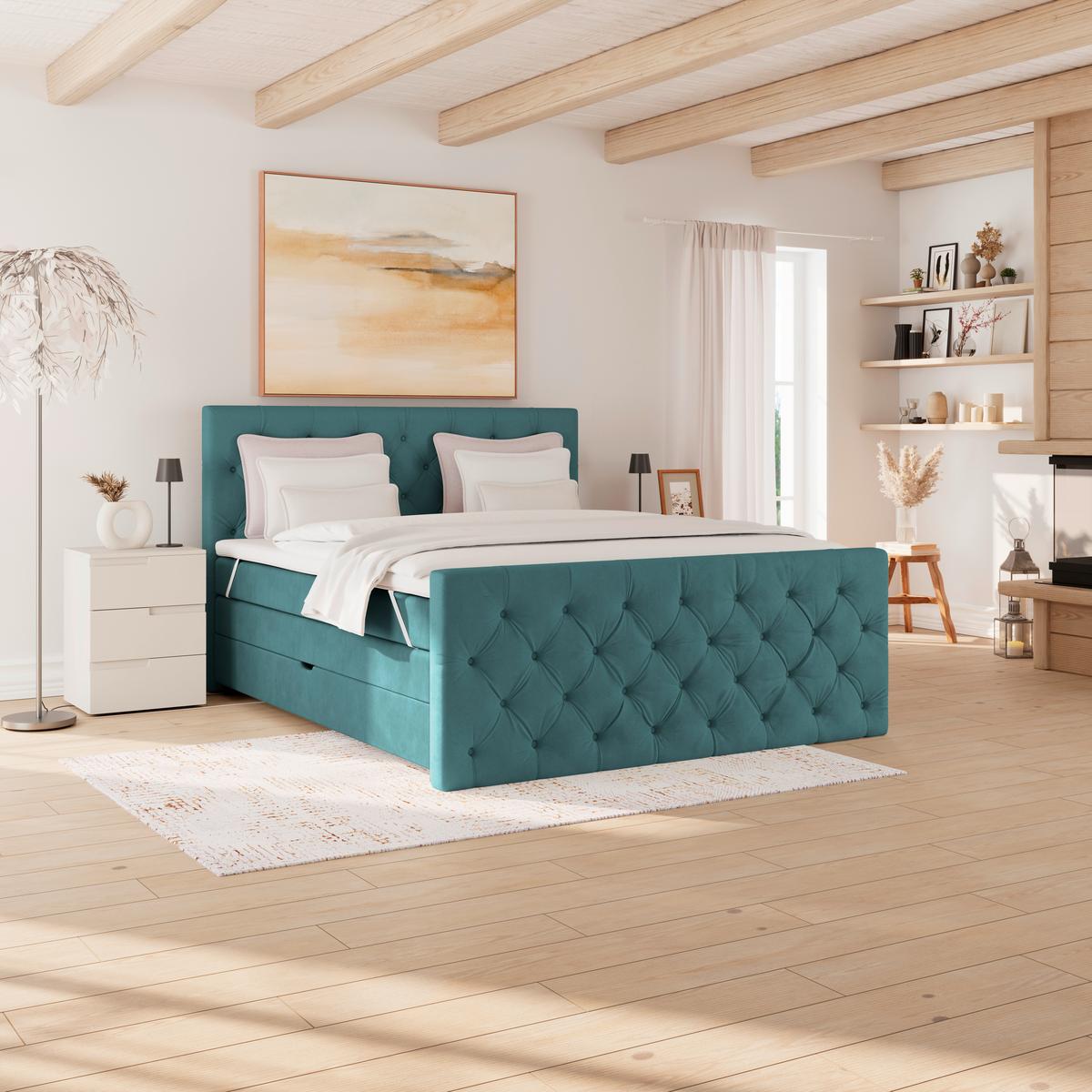 Boxspring Krevet Elio - bež/boje petroleja, Romantično / ladanjski, tekstil/plastika (180/200cm) - Modern Living