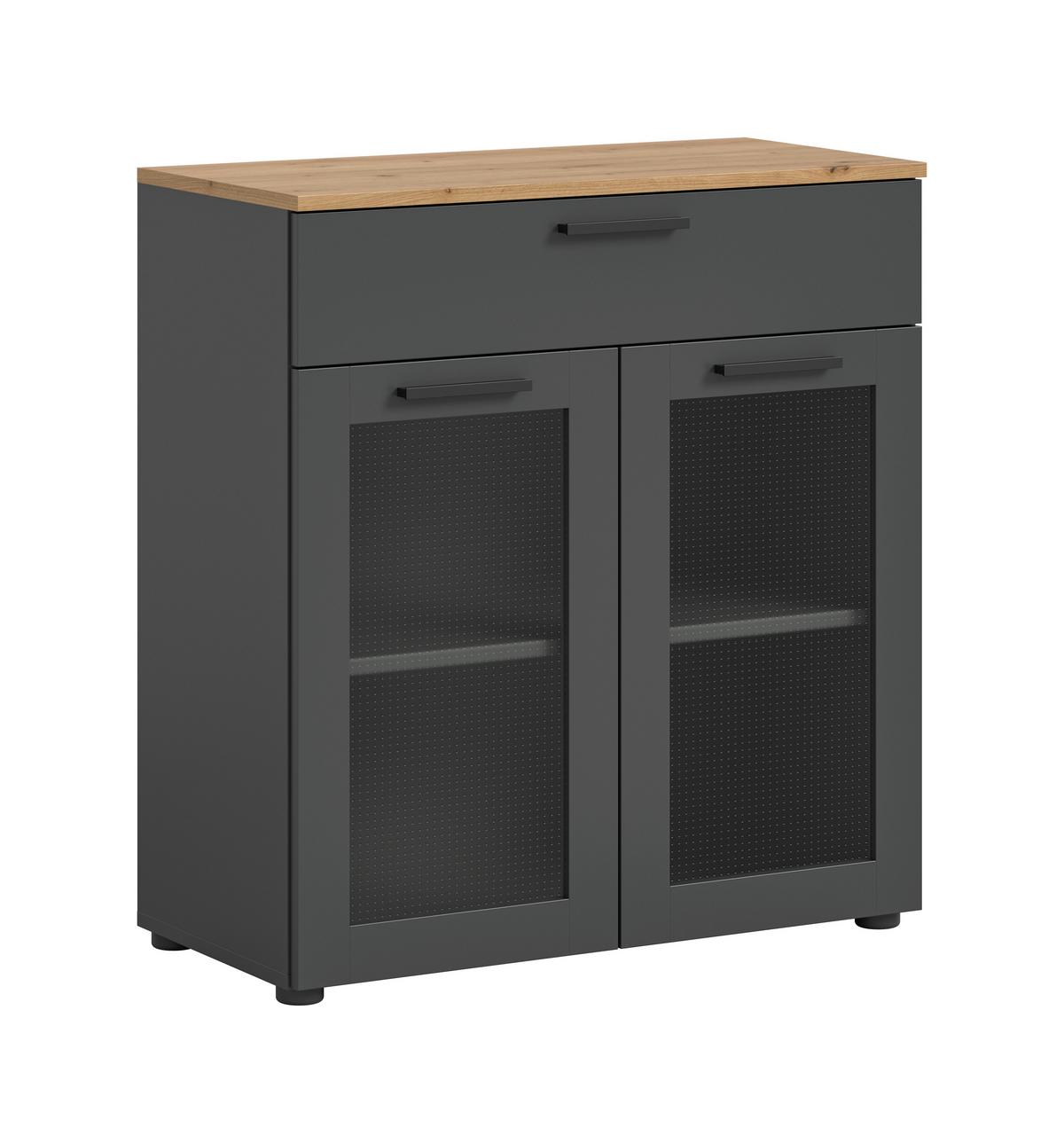 Kommode Niklas Grau/Eiche Artisan - Schwarz/Eiche Artisan, Design, Glas/Holzwerkstoff (78/84/38cm) - MID.YOU