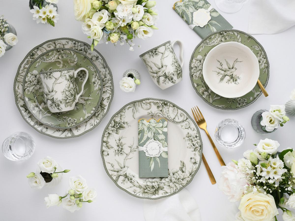 Serviciu de masă Adelaide 16/1 - alb/verde, Basics, ceramică - Creatable