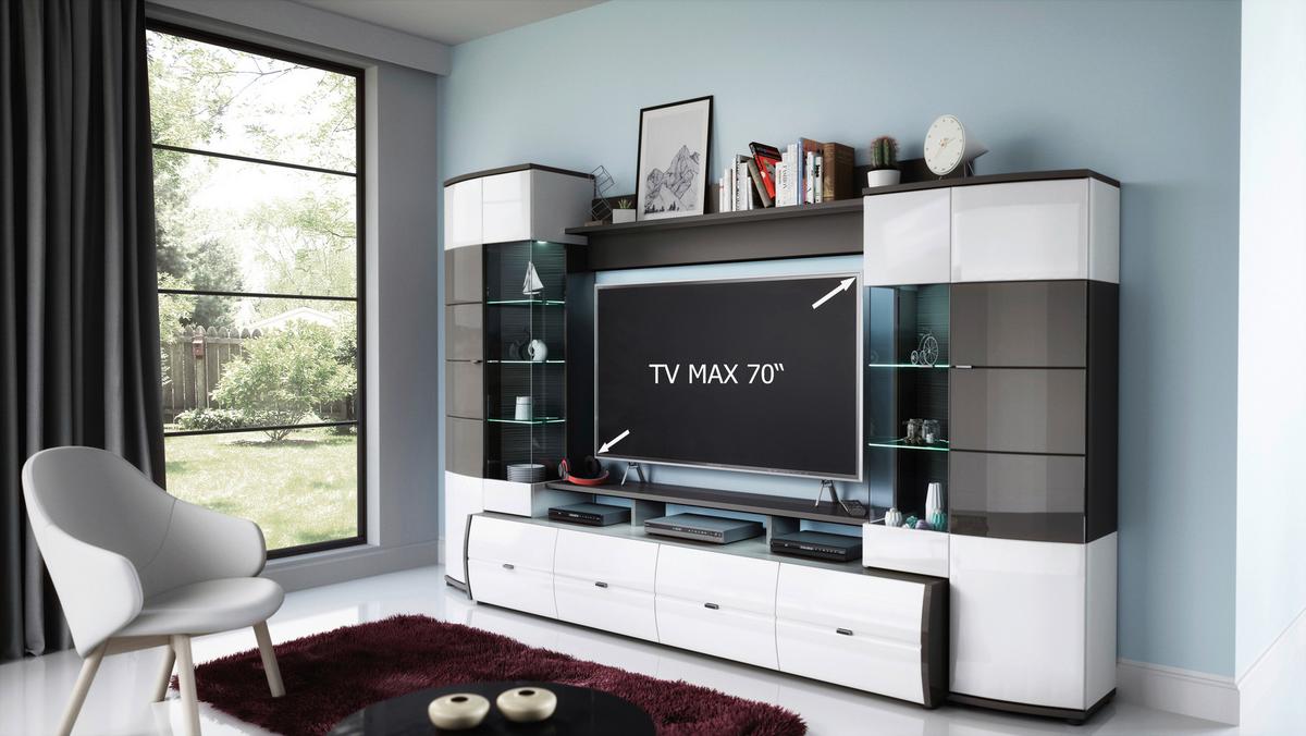 MEBLOŚCIANKA DO SALONU TRENDY - biały wysoki połysk/kolor srebrny, Modern, materiał drewnopochodny/tworzywo sztuczne (300/194/54cm) - Livetastic
