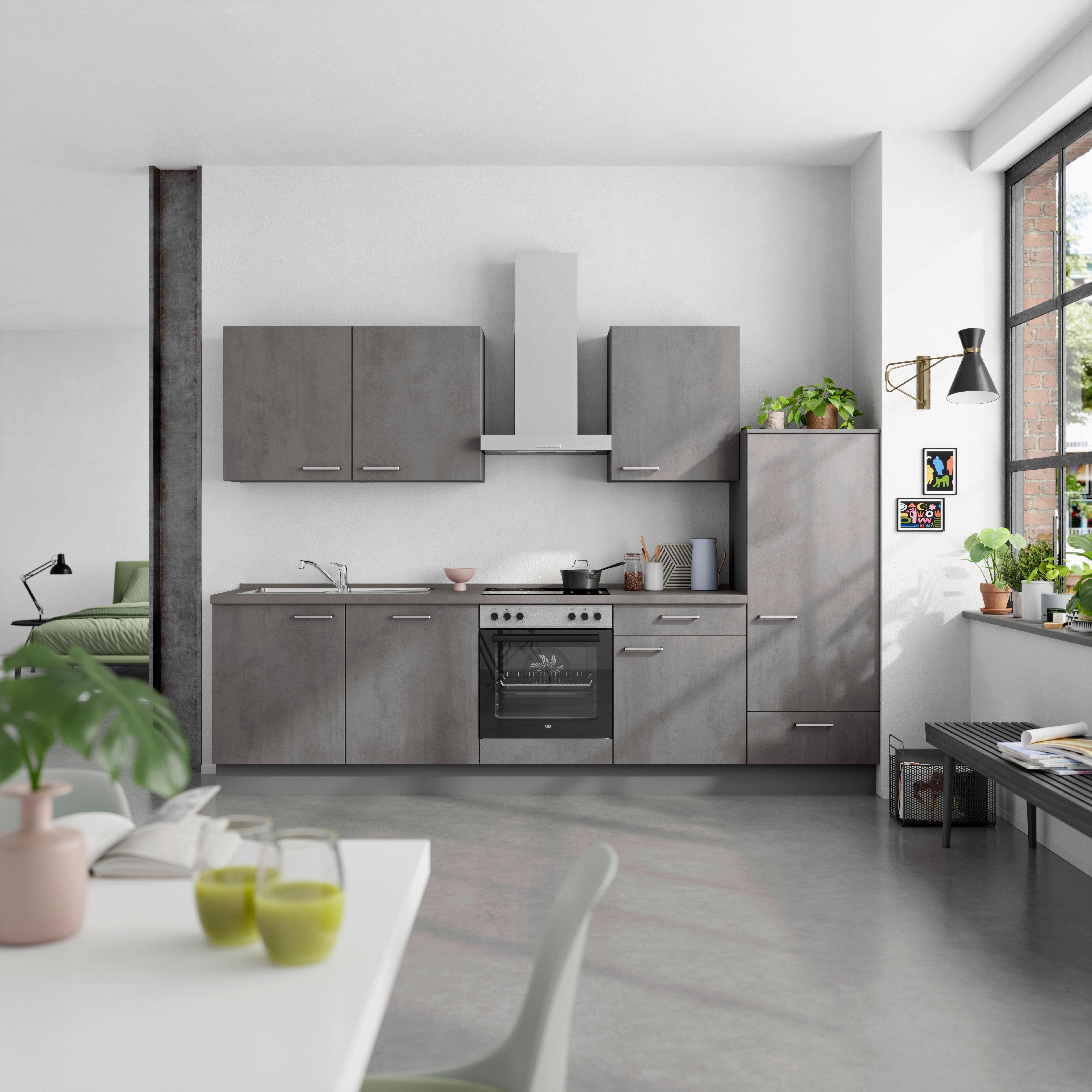 Küchenblock Riva Low m. Geräten Schieferfarben - Schieferfarben/Edelstahlfarben, MODERN, Holzwerkstoff/Metall (300cm) - Nobilia