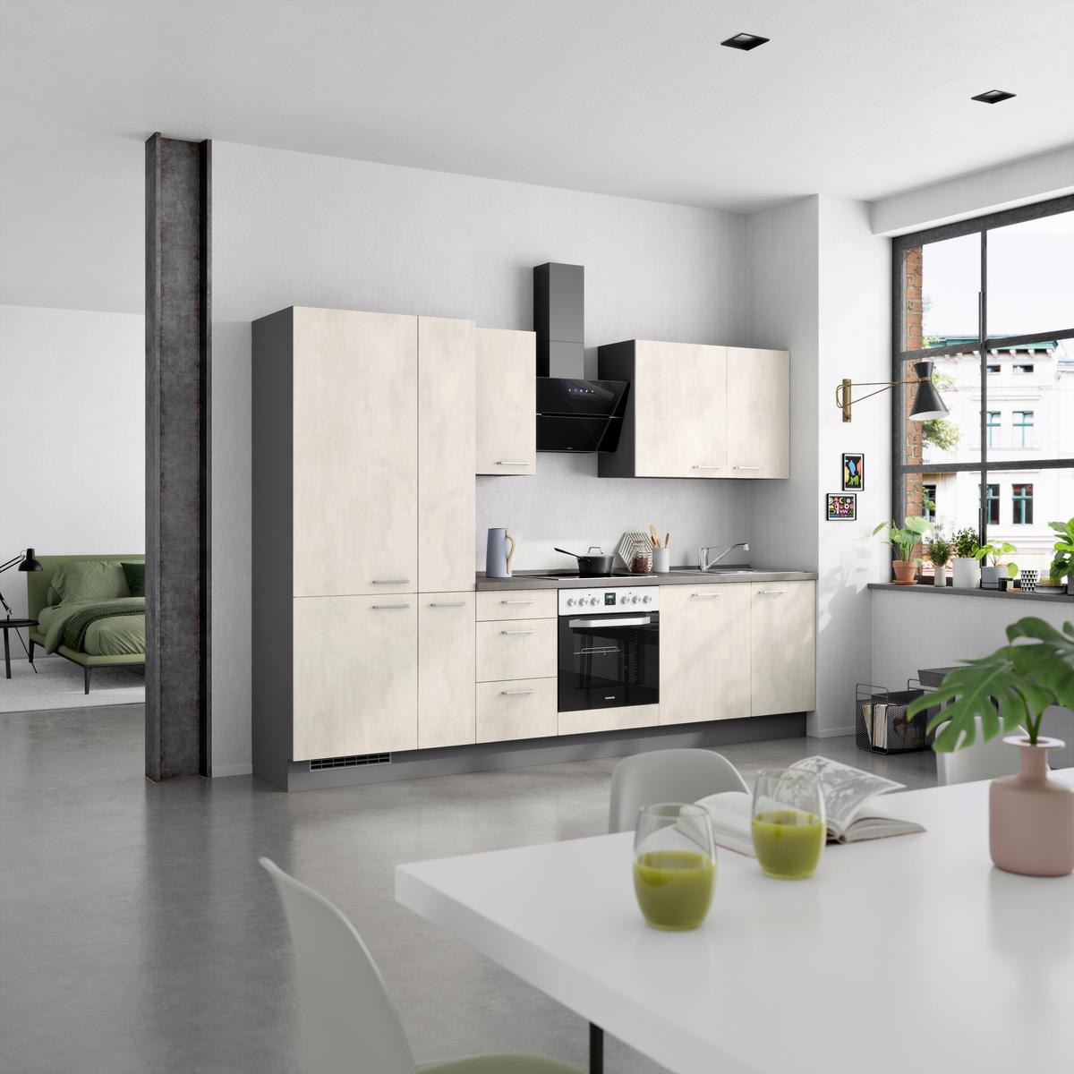 Küchenblock Riva High m. Geräten Weiß - Schieferfarben/Edelstahlfarben, MODERN, Holzwerkstoff/Metall (300cm) - Nobilia