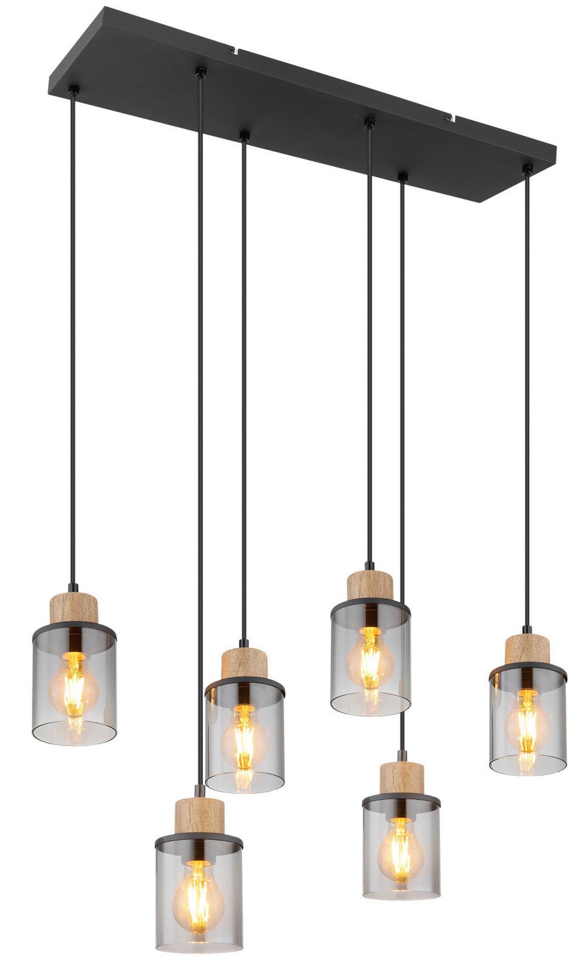 HÄNGELEUCHTE 15707-6H REID - Dunkelbraun/Schwarz, Design, Glas/Holz (62/18/120cm) - Globo