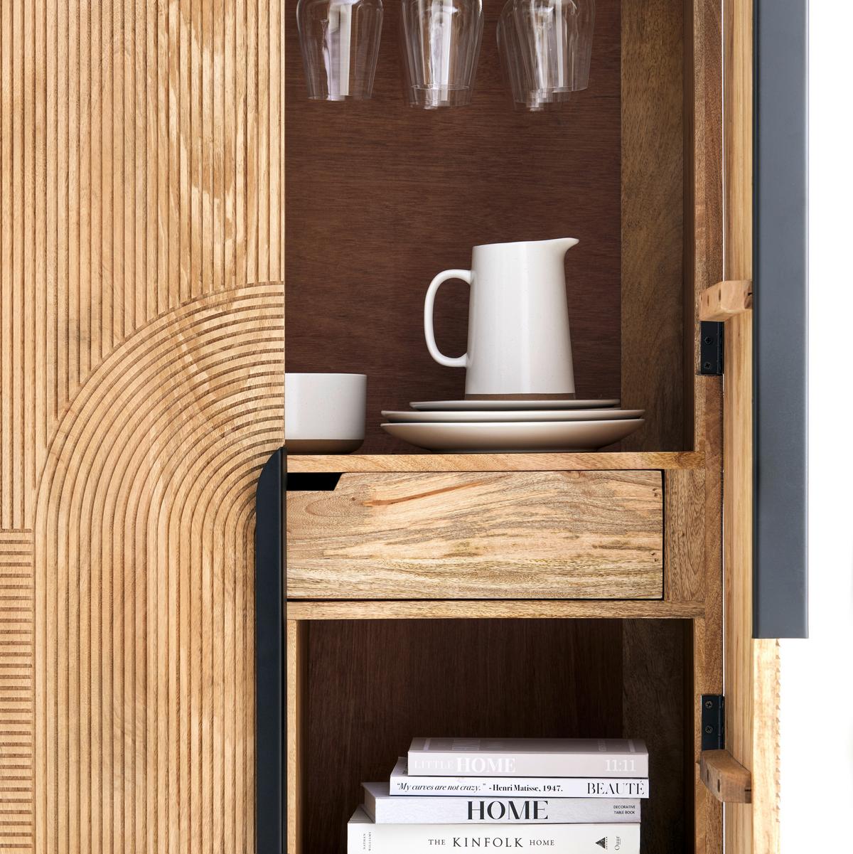Barschrank Arian aus Mangoholz in Naturfarben/Schwarz - Schwarz/Naturfarben, MODERN, Holz/Metall (85/155/42cm) - Zandiara