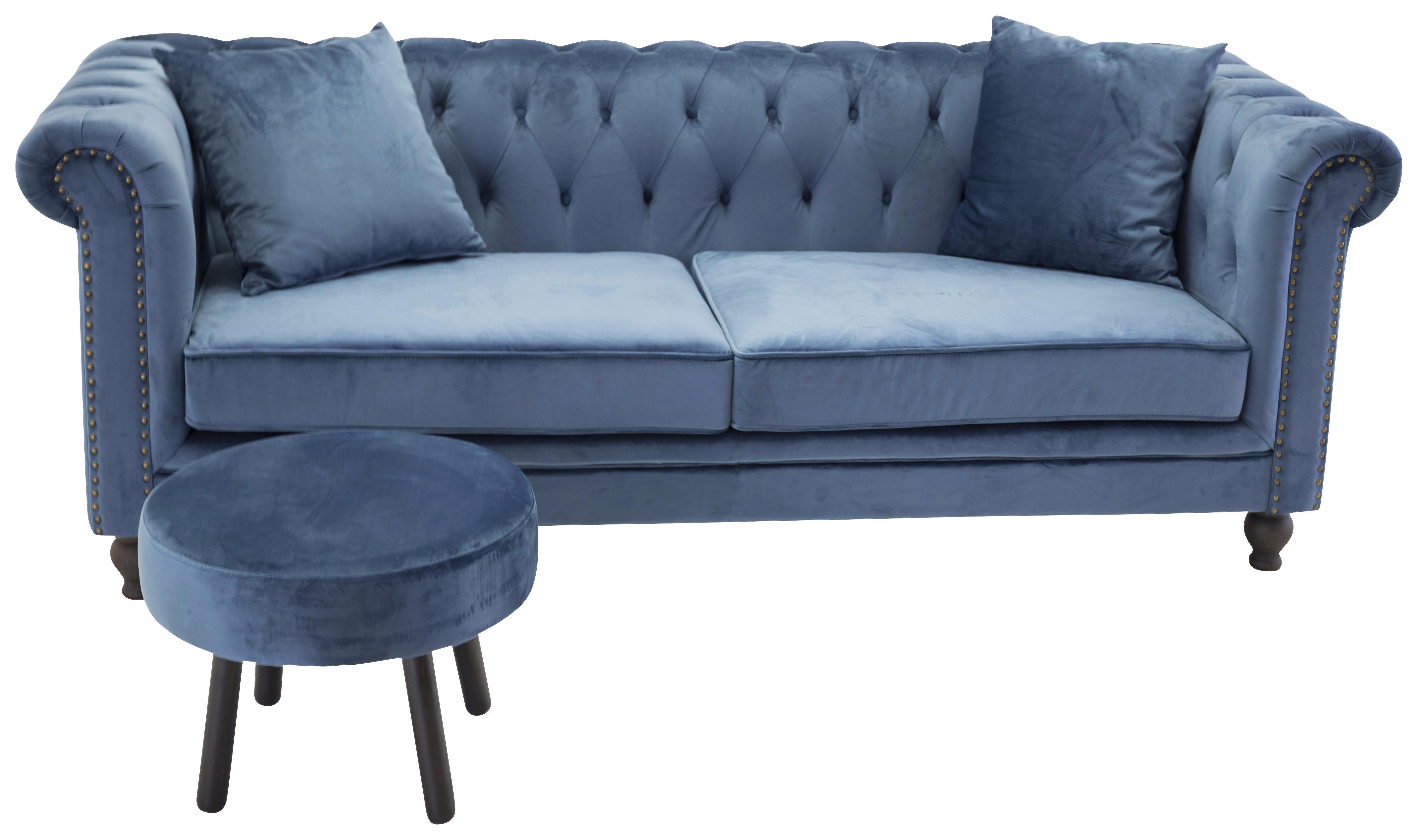 CHESTERFIELD-SOFA VELVET - Blau, Design, Textil/Metall (217/80/88cm) - Livetastic