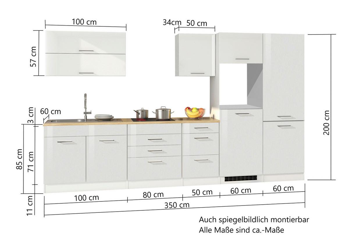 Küchenblock Mailand o. Geräte Weiß Hochglanz - Weiß Hochglanz/Silberfarben, MODERN, Holzwerkstoff/Metall (350cm) - Held