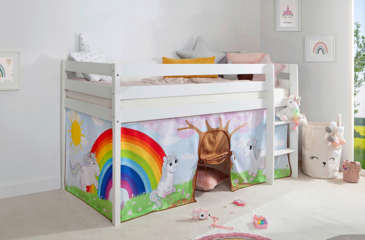 Hochbett Holz Malte ca. 90x200 cm Weiß Einhorn - Naturfarben/Weiß, Natur, Holz/Textil (90/200cm) - MID.YOU