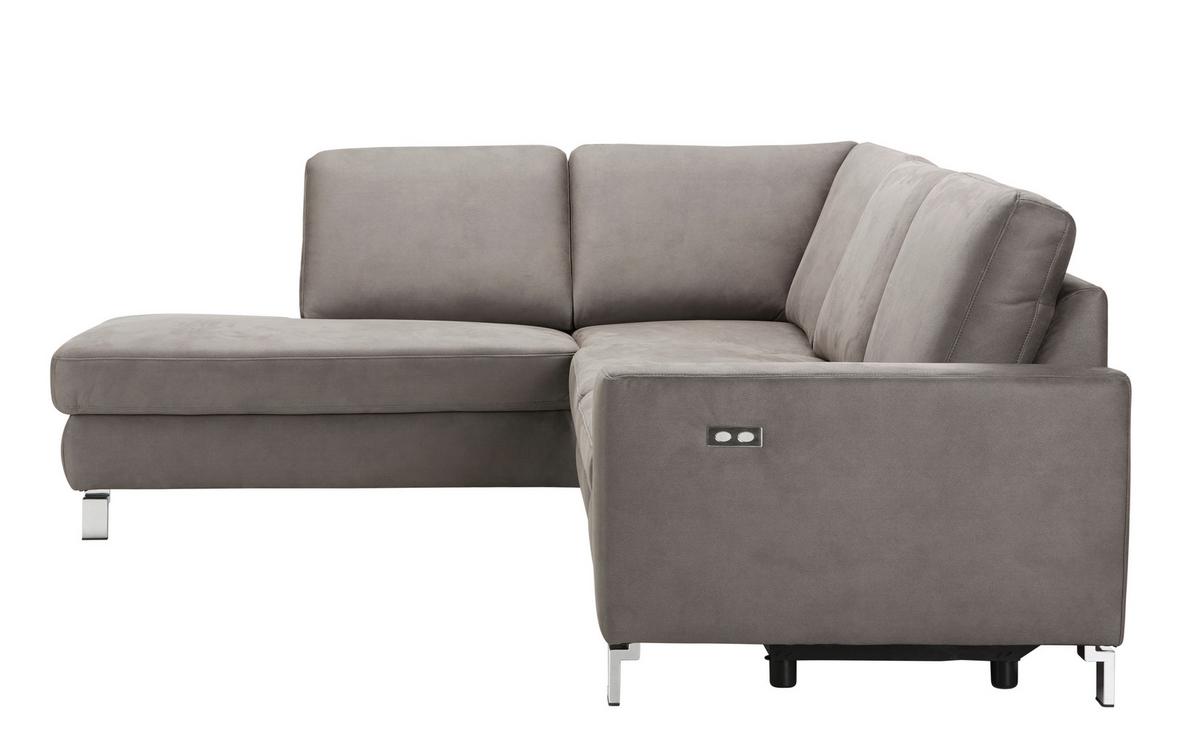 Ecksofa in Anthrazit mit Relaxfunktion - Chromfarben/Beige, Konventionell, Textil/Metall (263/89/220cm) - Premium Living