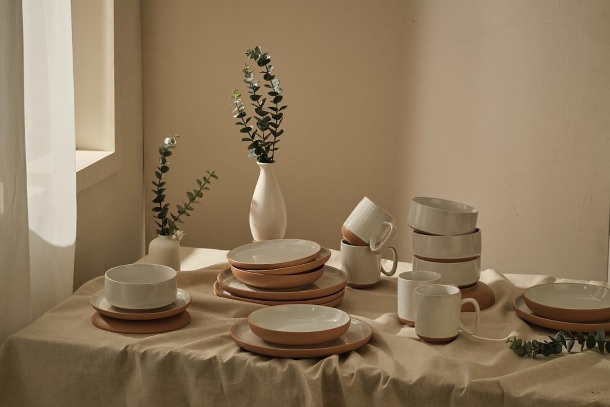 SERWIS OBIADOWO-ŚNIADANIOWY TERRA NOVA - biały/brązowy, Trend, ceramika - Novel
