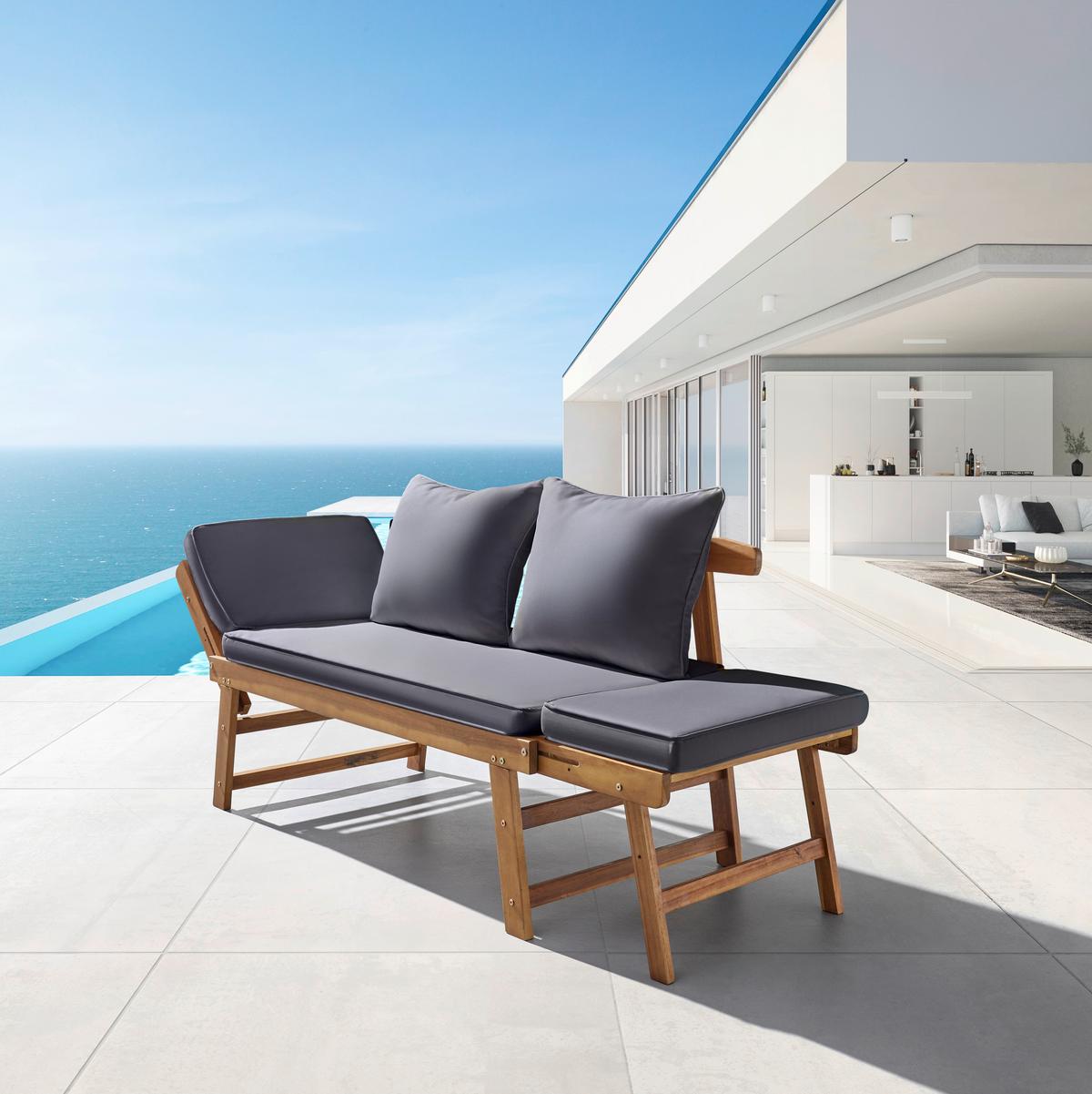 LEŻANKA RELAKSACYJNA PIA - kolor akacjowy/ciemnoszary, Modern, drewno/tkanina (143-190/68/75cm) - Bessagi Garden