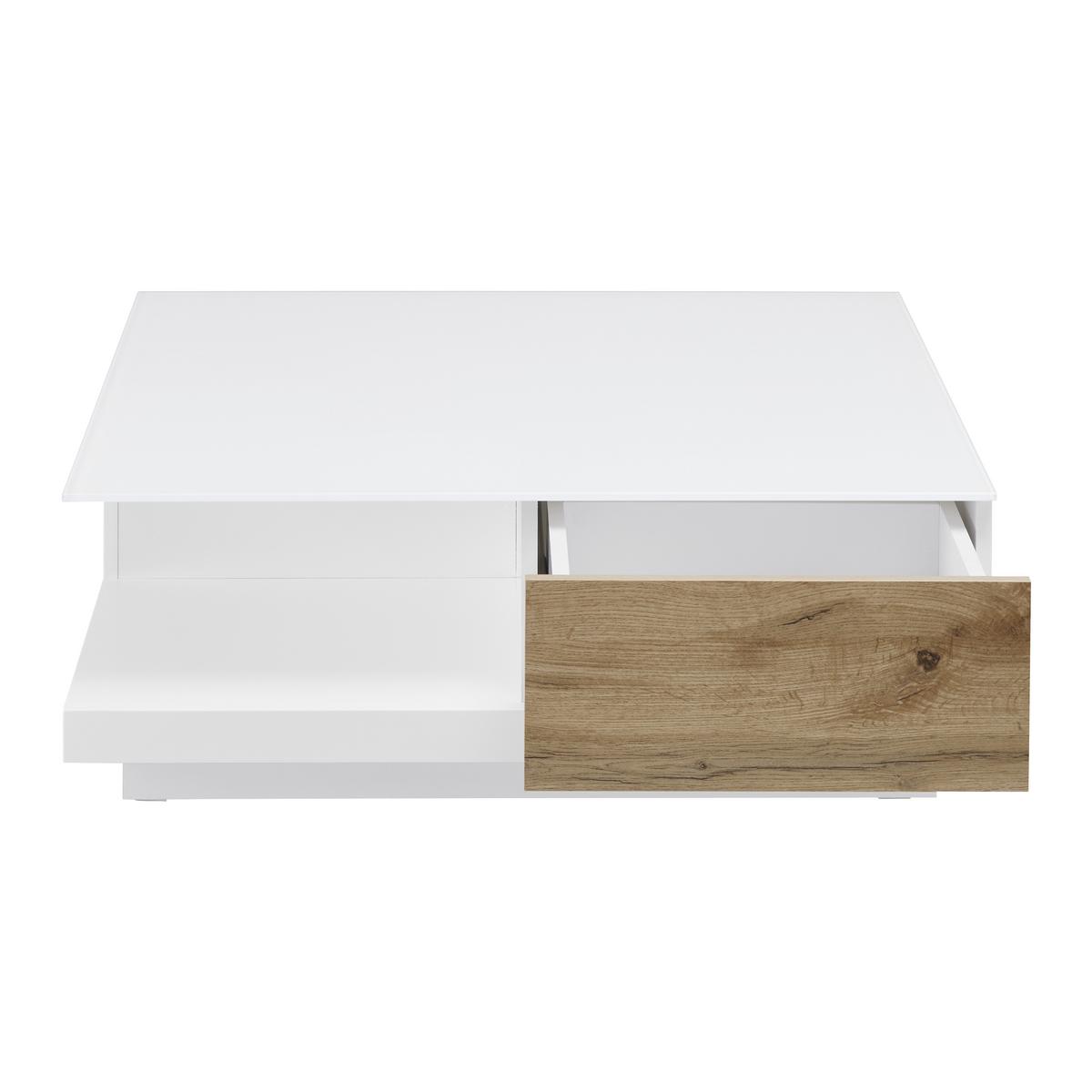 STOLIK KAWOWY NEVIO - kolor dębowy/biały, Modern, szkło (85/85/30cm) - Bessagi Home
