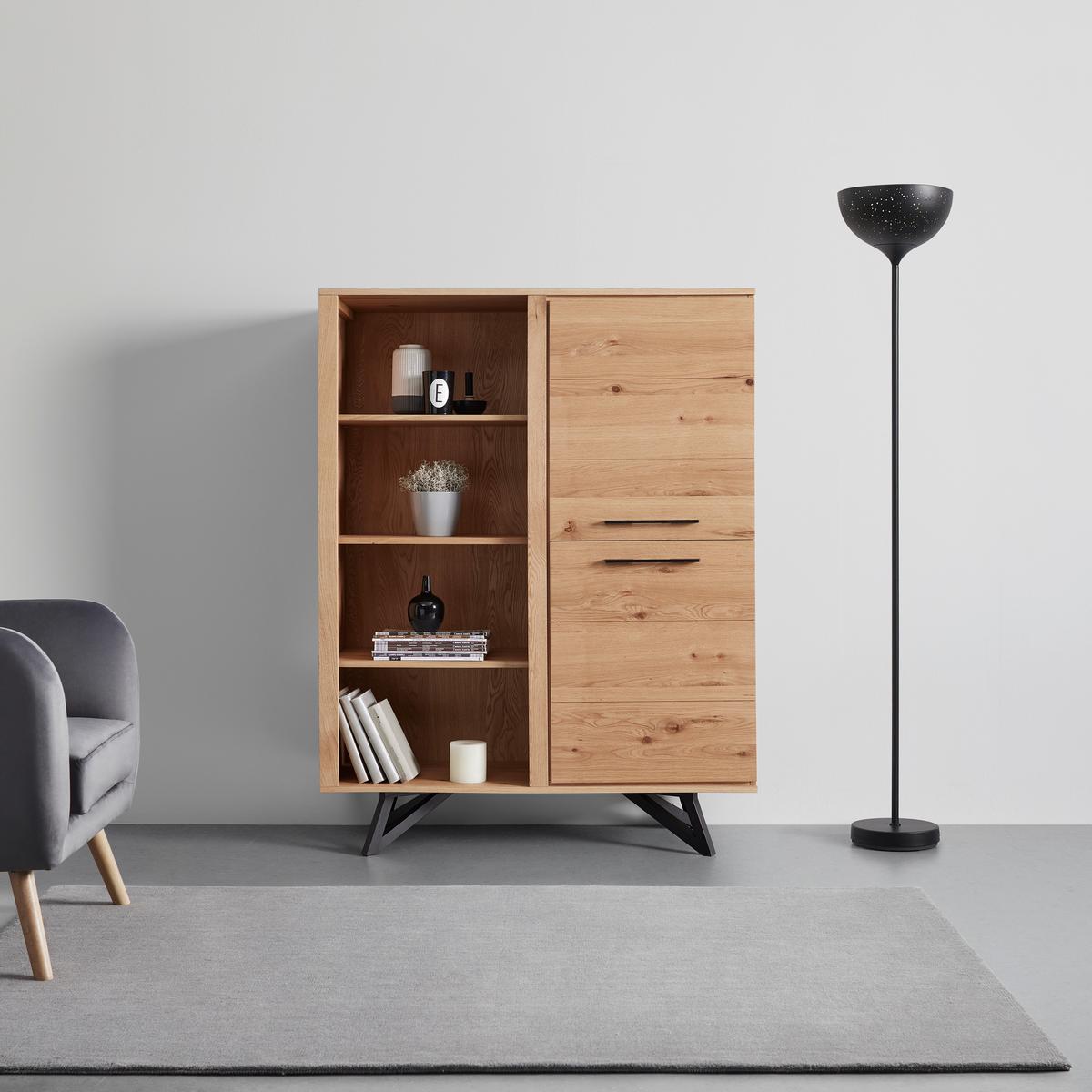Highboard "Emilio", aus Eiche - Eichefarben/Schwarz, Modern, Holz/Metall (115/150/40cm) - Bessagi Home