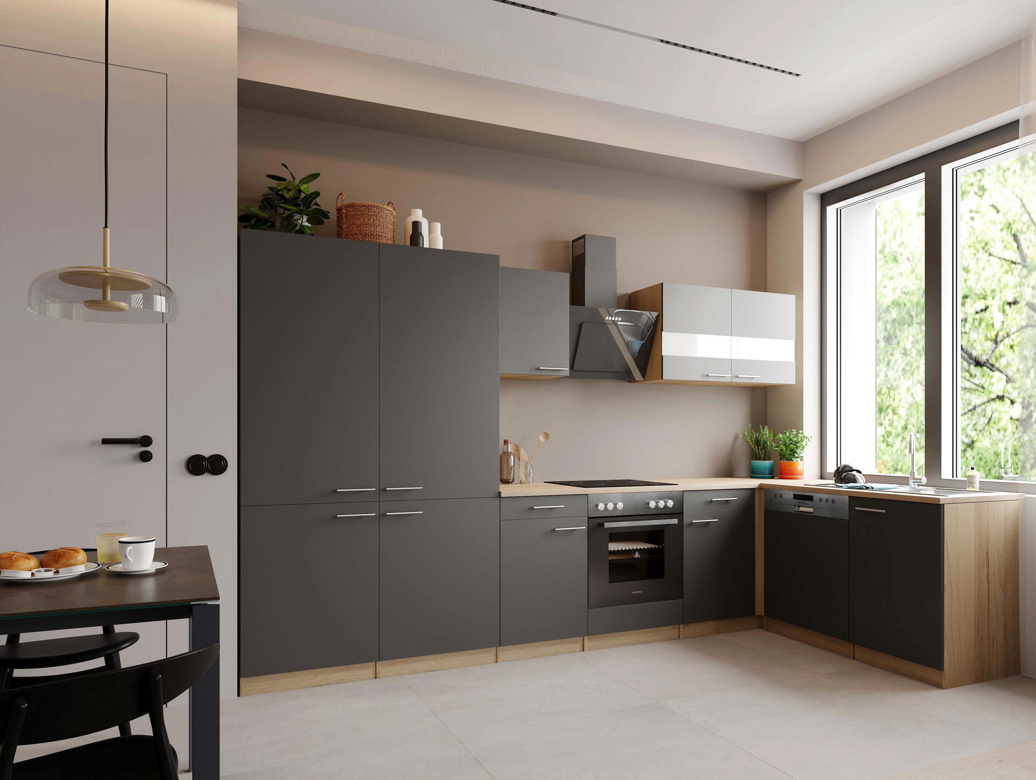 Eckküche Merle m. Geräten ca. 340x172cm Grau - Edelstahlfarben/Eichefarben, Trend, Holzwerkstoff/Metall (340/172cm) - Respekta