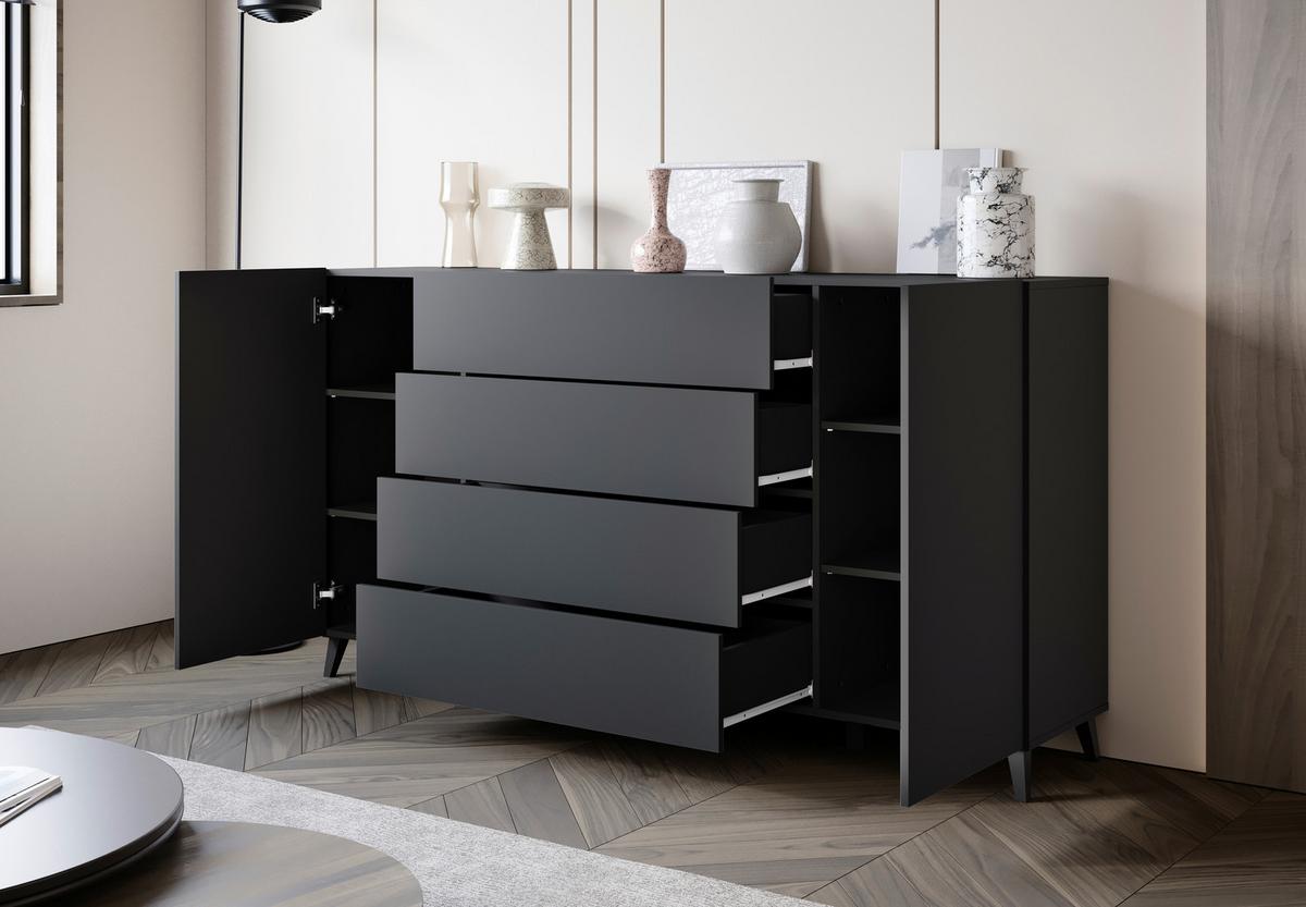 Comodă cu uși PHUKET - negru, Design, material pe bază de lemn (180/95,4/39cm) - P & B