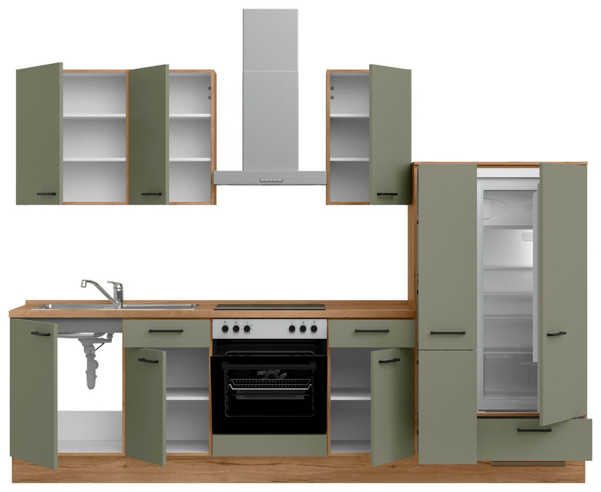 Küchenleerblock Senso Low o. Geräte Olivgrün - Eichefarben/Schwarz, MODERN, Holzwerkstoff/Metall (300cm) - Nobilia
