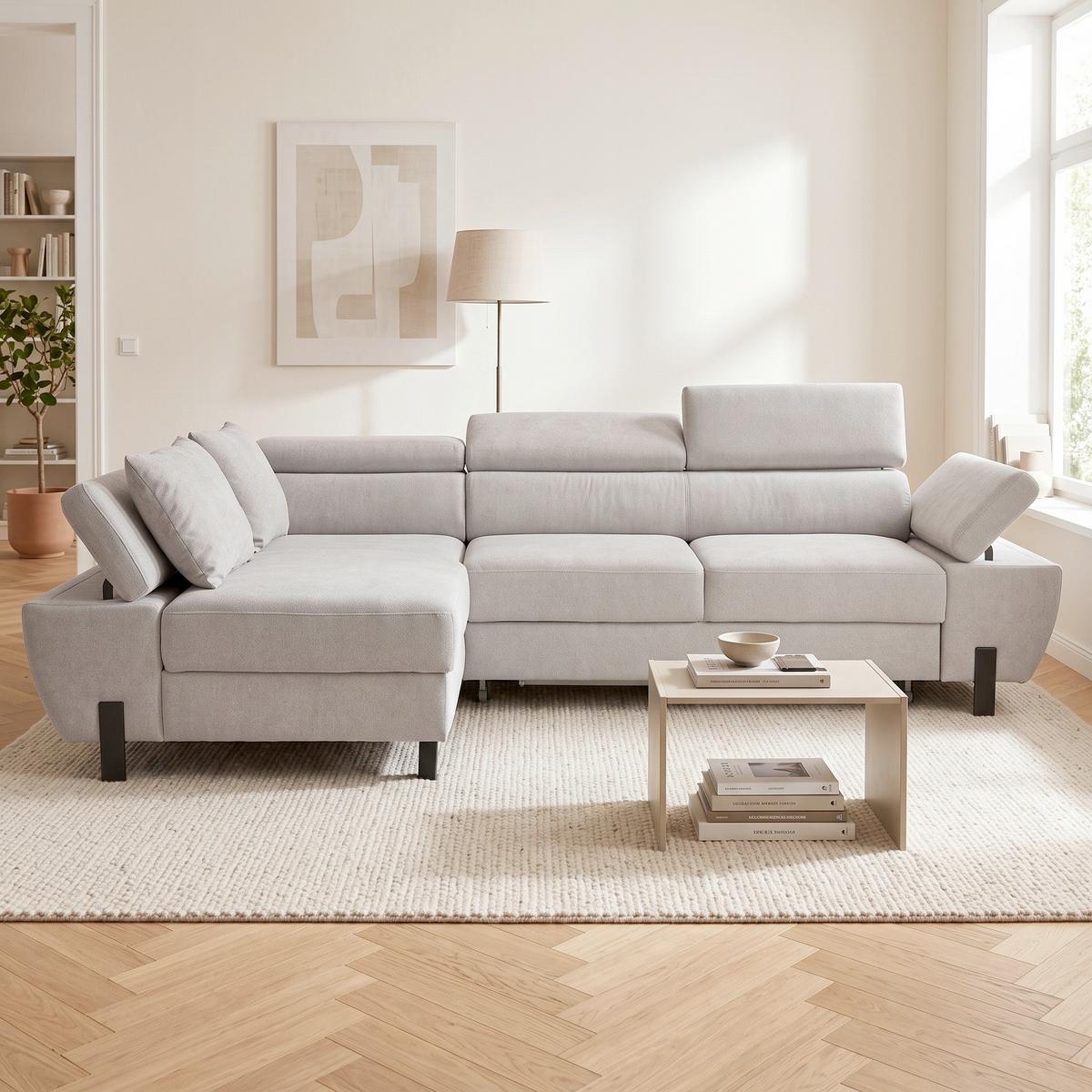 Ecksofa In Hellgrau Mit Schlaffunktion - Hellgrau/Schwarz, Modern, Holz/Holzwerkstoff (189/277cm) - Mömax