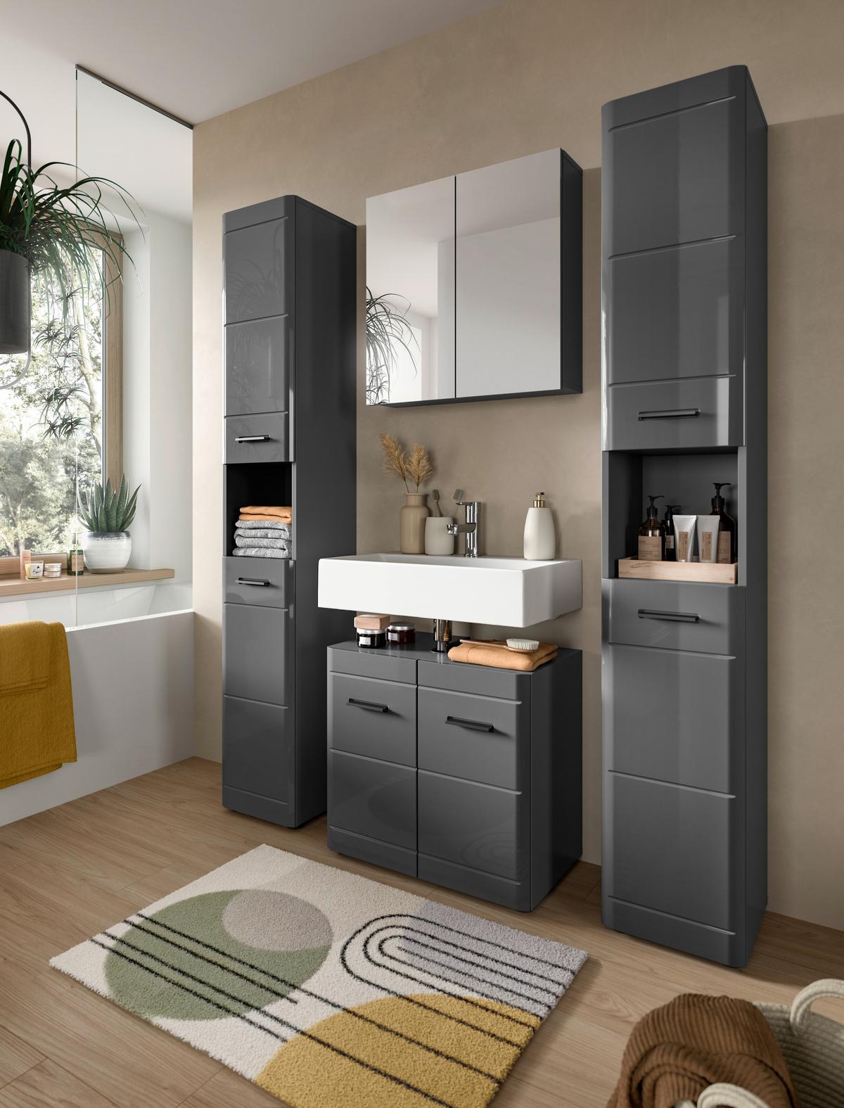 Waschbeckenunterschrank Soft ca. 60x56x34 cm Grau hochglanz - Grau Hochglanz/Schwarz, MODERN, Holzwerkstoff/Kunststoff (60/56/34cm) - MID.YOU