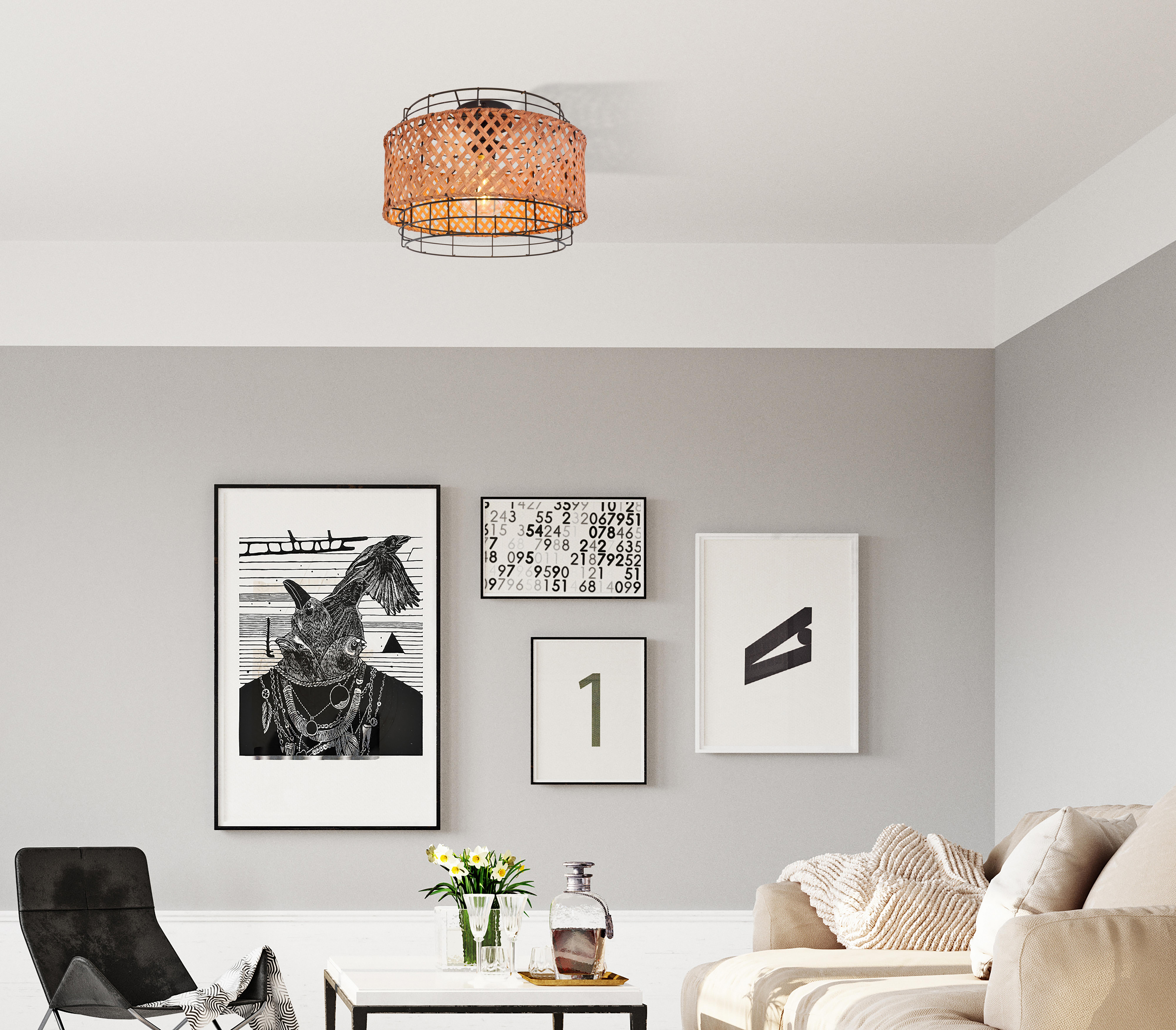 Deckenleuchte Gina in Schwarz max. 40 Watt - Dunkelbraun/Schwarz, Natur, Naturmaterialien/Metall (35/24,5cm) - Globo