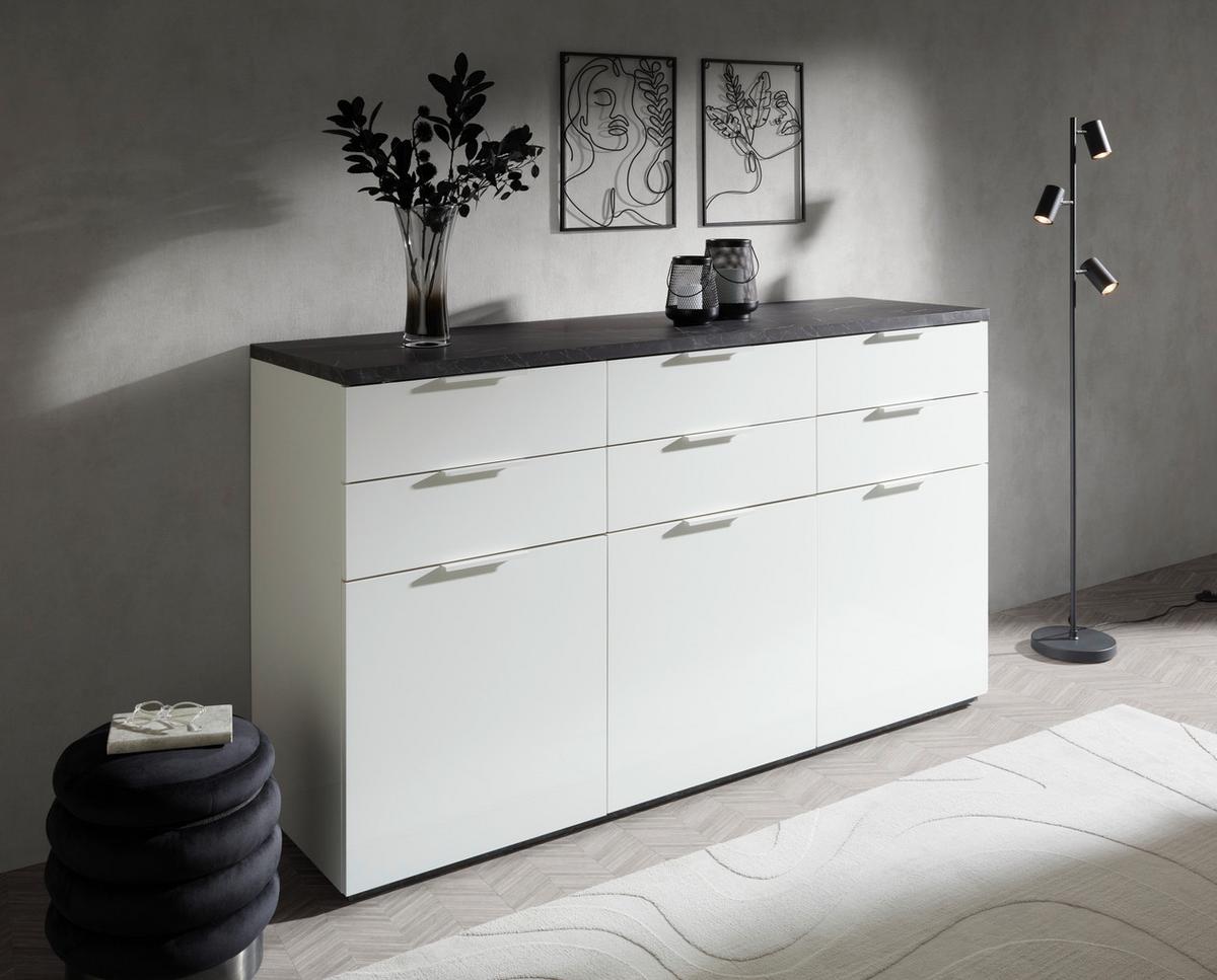 Sideboard Mundi Weiß HG/Anthrazit - Weiß Hochglanz/Anthrazit, MODERN, Holzwerkstoff (180/102/50cm) - Premium Living