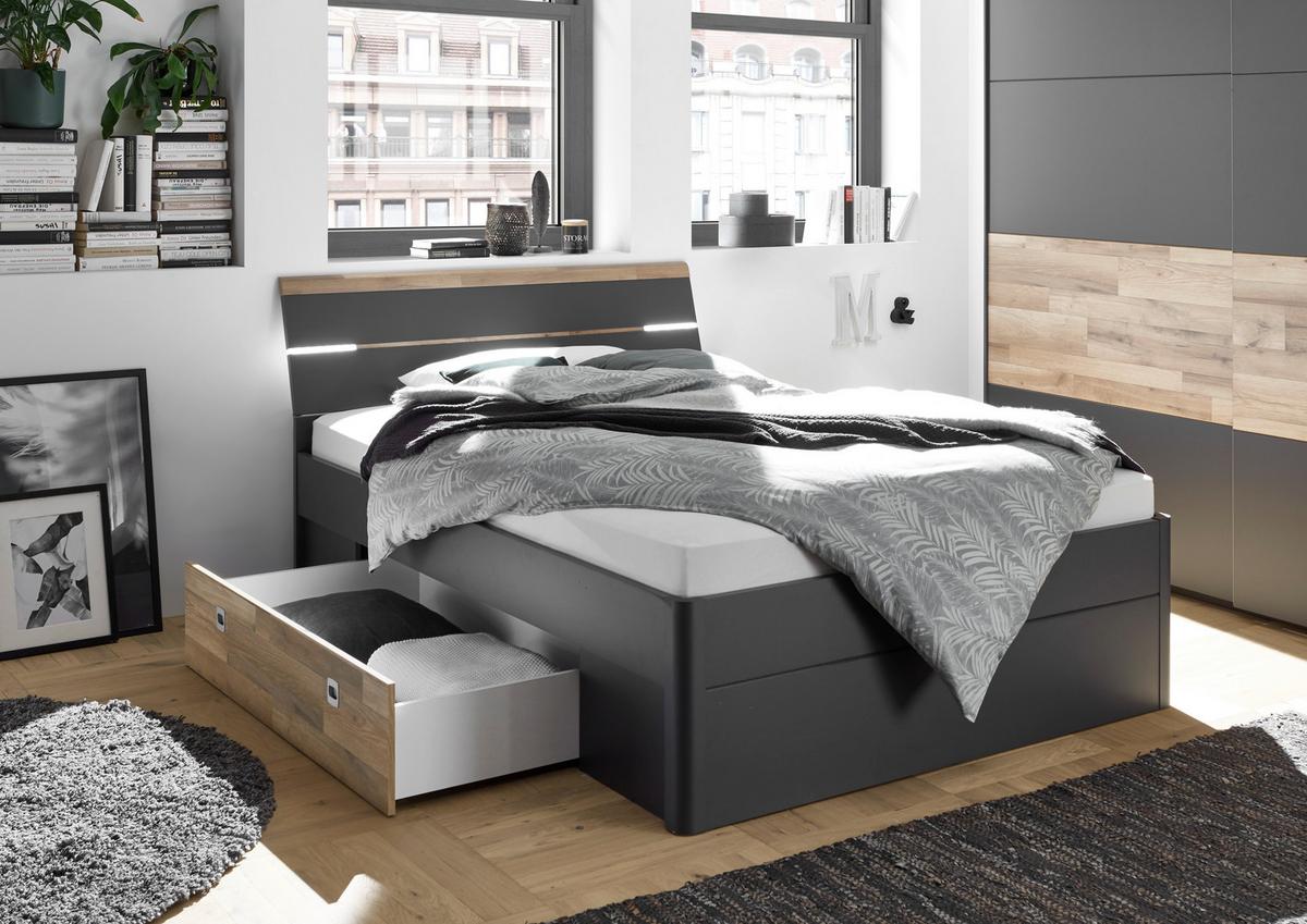 Postelja Mars, S Predali, 180x200 - črna/barve hrasta, Konvencionalno, umetna masa/leseni material (180/200cm) - MID.YOU