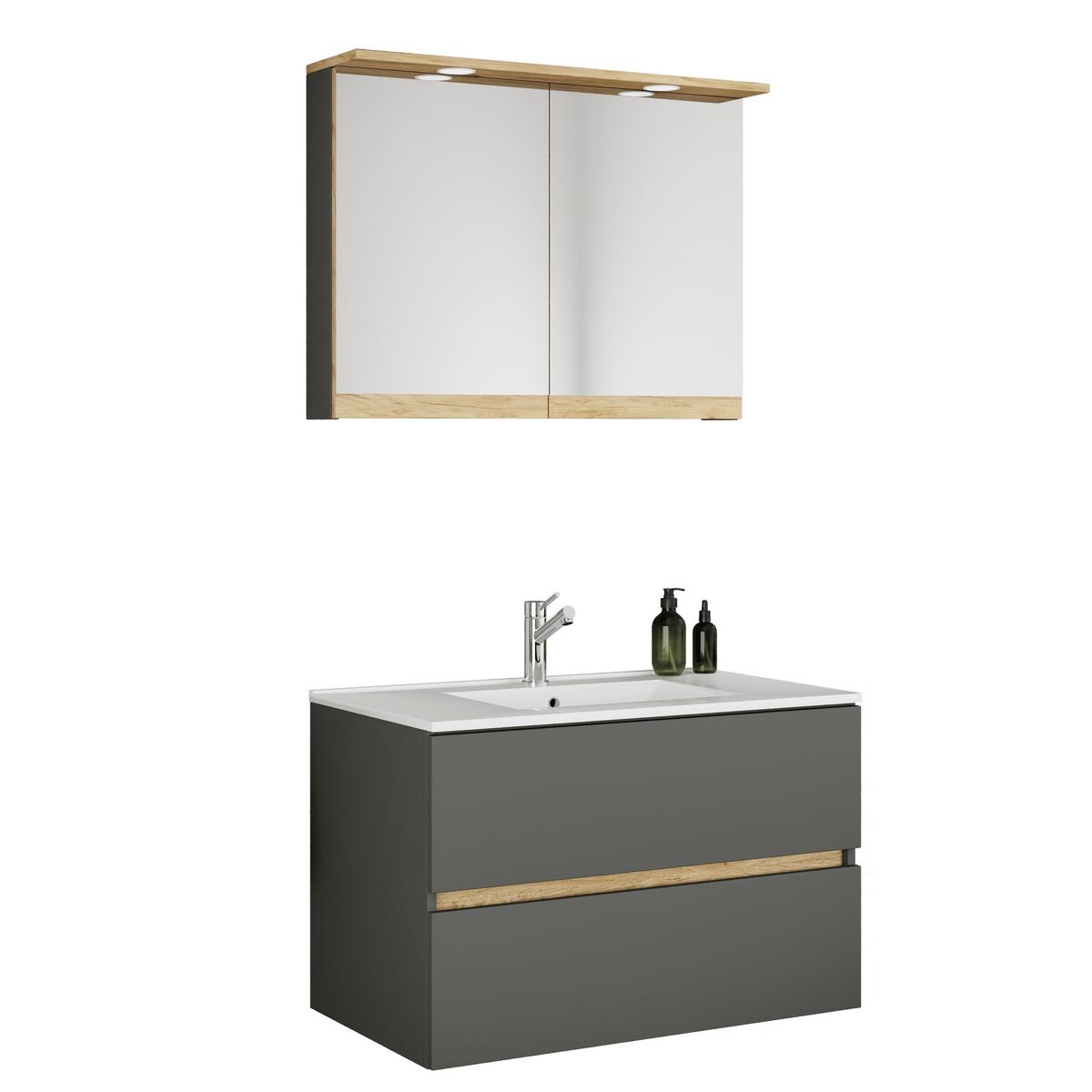 Badezimmer Cosila - Honigeiche/Weiss, Trend, Keramik/Holzwerkstoff (110cm) - MID.YOU