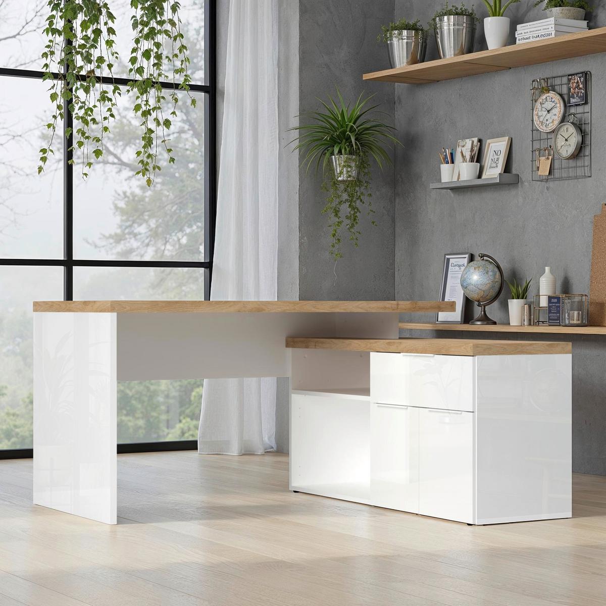 Eckschreibtisch Easy Office Eichefarben/Weiß Hochglanz - Weiß Hochglanz/Eichefarben, MODERN, Holzwerkstoff/Metall (138/75/132cm) - Based